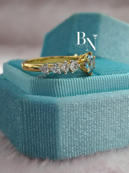 1.00 CT Blue Diamond Engagement Ring 1ct | Graduated Diamond Band 14k Gold | Something Blue Wedding Ring | Unique Statement Ring