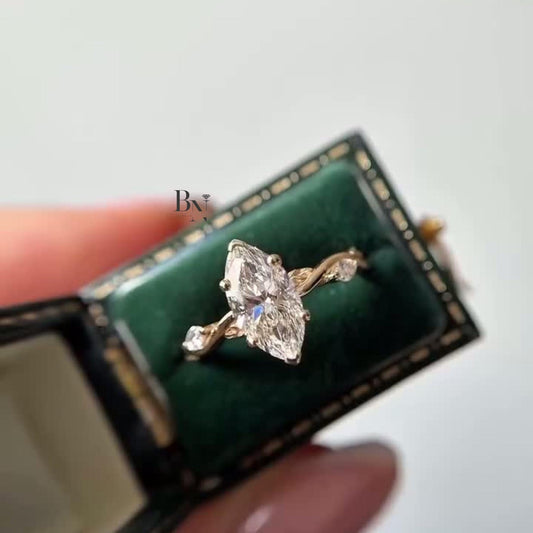 1.00 CT Marquise Lab Grown Diamond Engagement Ring | Twisted Vine Solitaire | 14K Yellow Gold Nature Inspired Bridal | Art Deco Promise