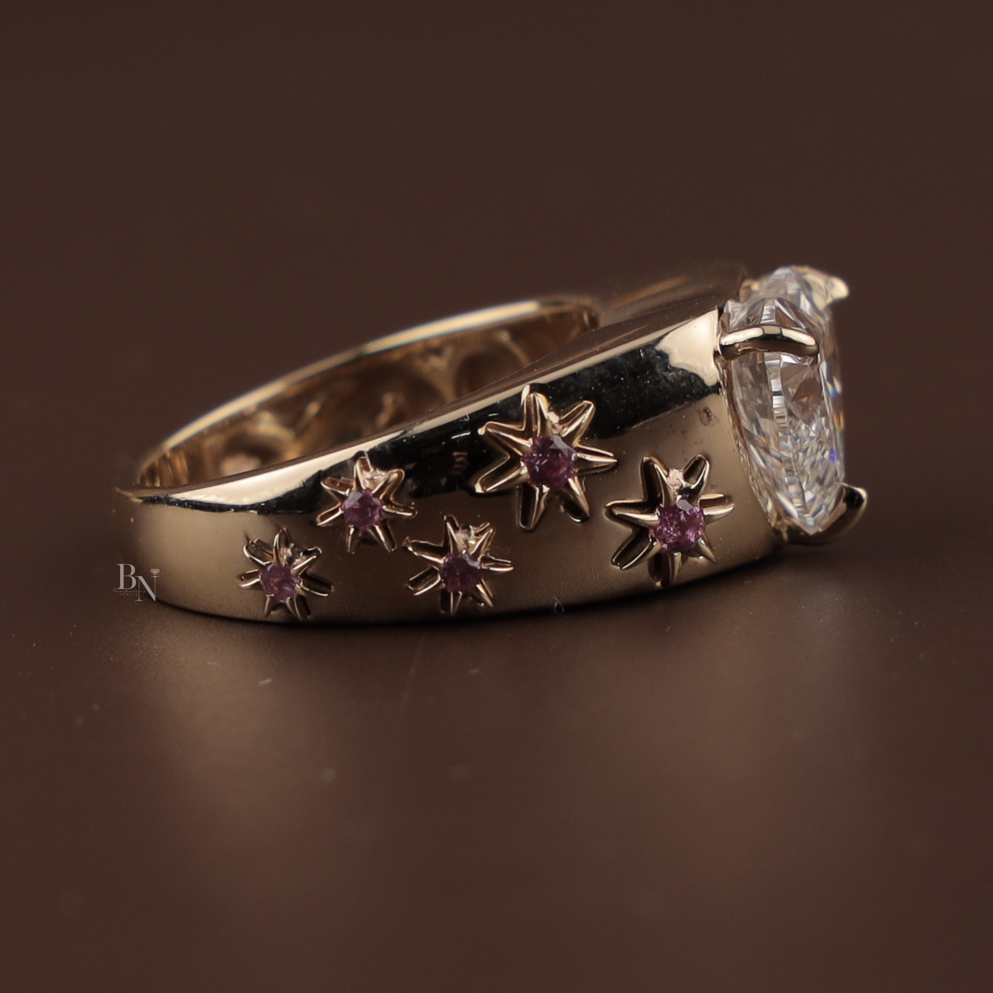 3ct Heart Cut Lab Grown Diamond Engagement Ring | 14K Yellow Gold Celestial Star Setting | Pink Sapphire Accents | IGI Certified Ring