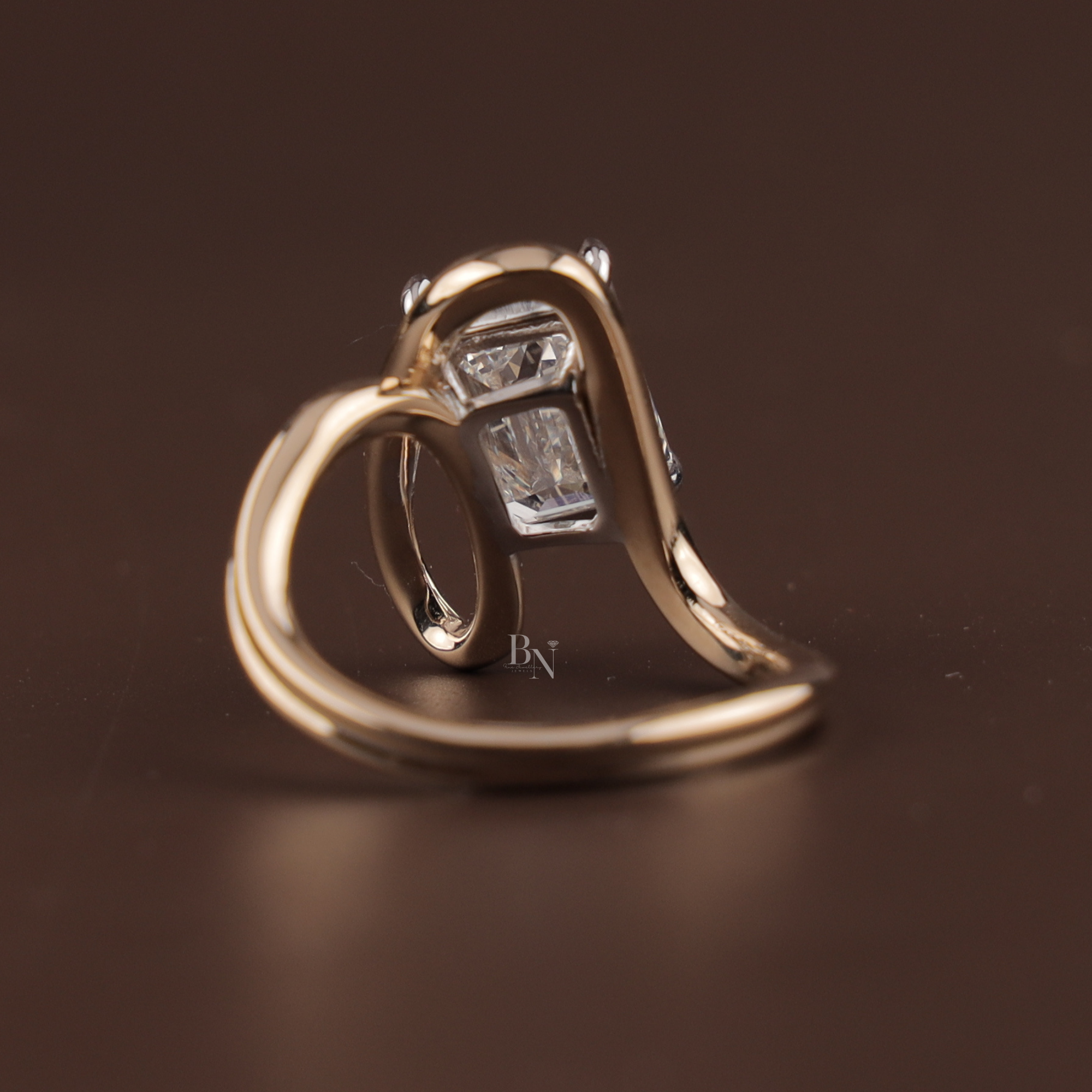 4ct Emerald Cut Lab Grown Diamond Engagement Ring | 14K Rose Gold East West Tension Setting | Swirl Bypass Solitaire | IGI Certified Jewelry (Copy)