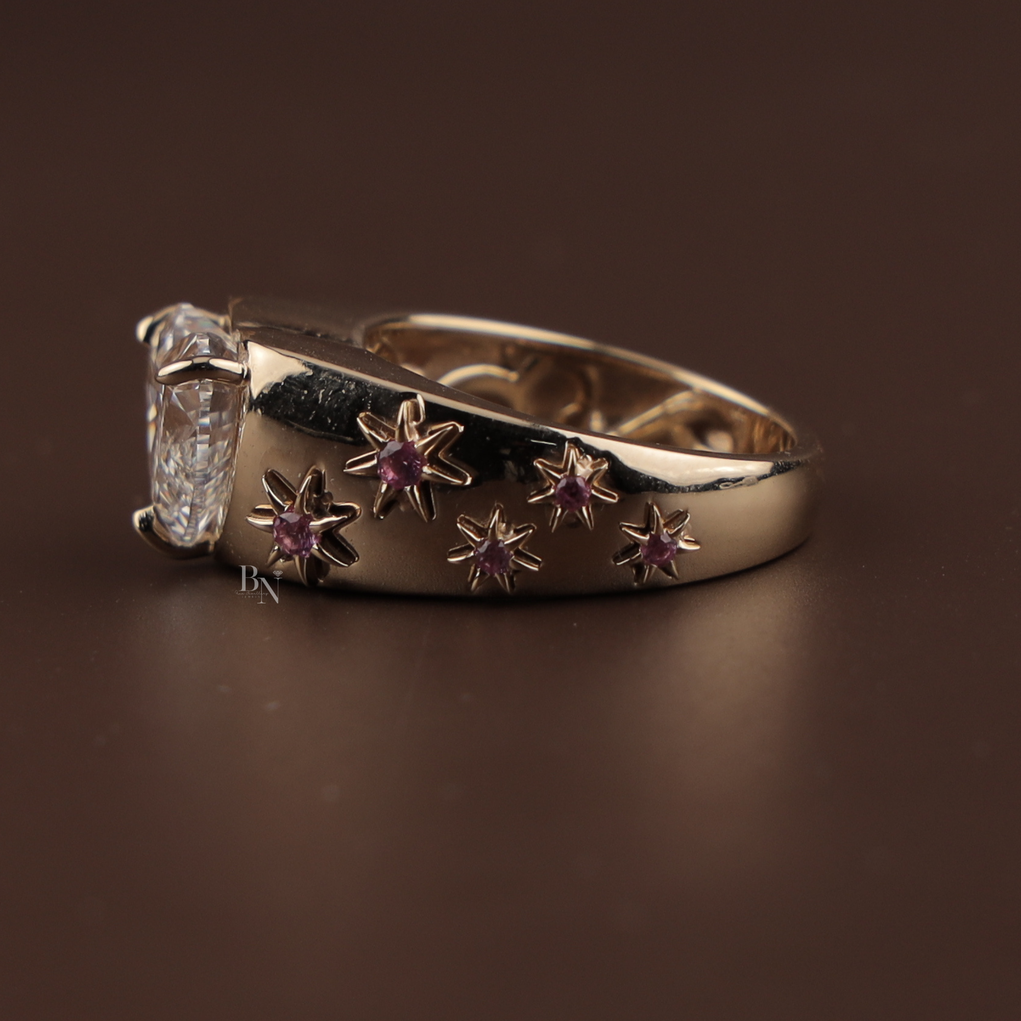 3ct Heart Cut Lab Grown Diamond Engagement Ring | 14K Yellow Gold Celestial Star Setting | Pink Sapphire Accents | IGI Certified Ring