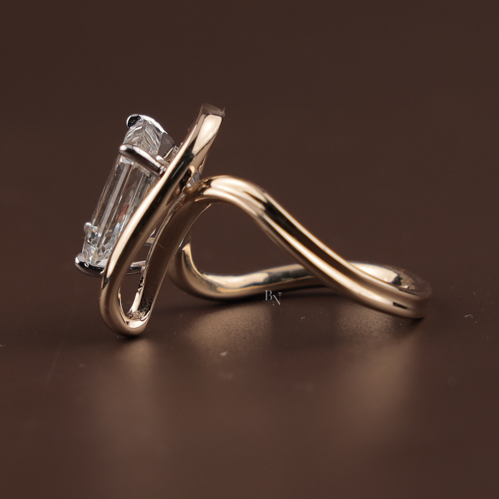 4ct Emerald Cut Lab Grown Diamond Engagement Ring | 14K Rose Gold East West Tension Setting | Swirl Bypass Solitaire | IGI Certified Jewelry (Copy)