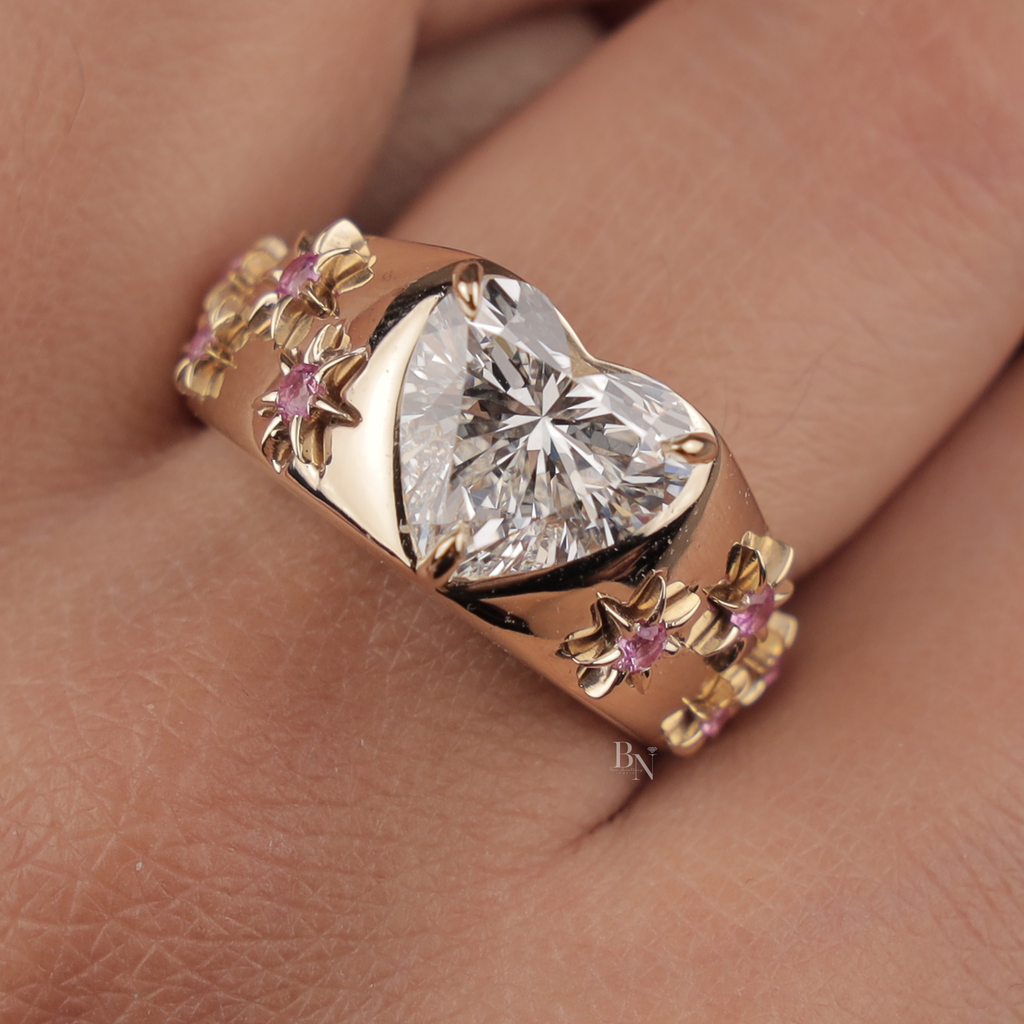 3ct Heart Cut Lab Grown Diamond Engagement Ring | 14K Yellow Gold Celestial Star Setting | Pink Sapphire Accents | IGI Certified Ring