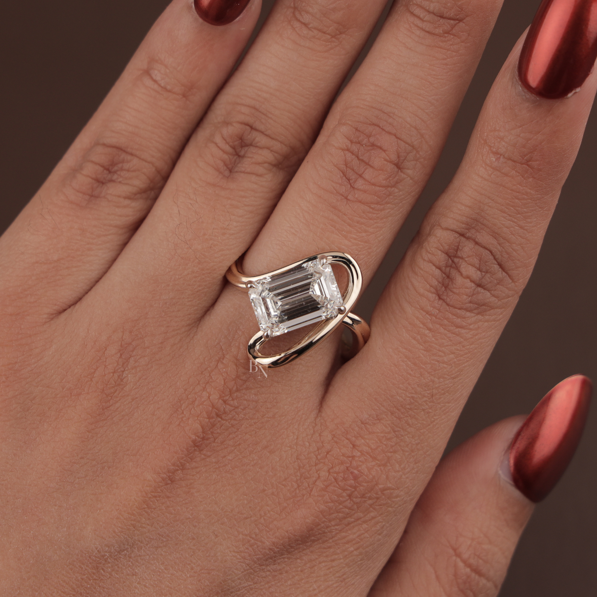 4ct Emerald Cut Lab Grown Diamond Engagement Ring | 14K Rose Gold East West Tension Setting | Swirl Bypass Solitaire | IGI Certified Jewelry (Copy)