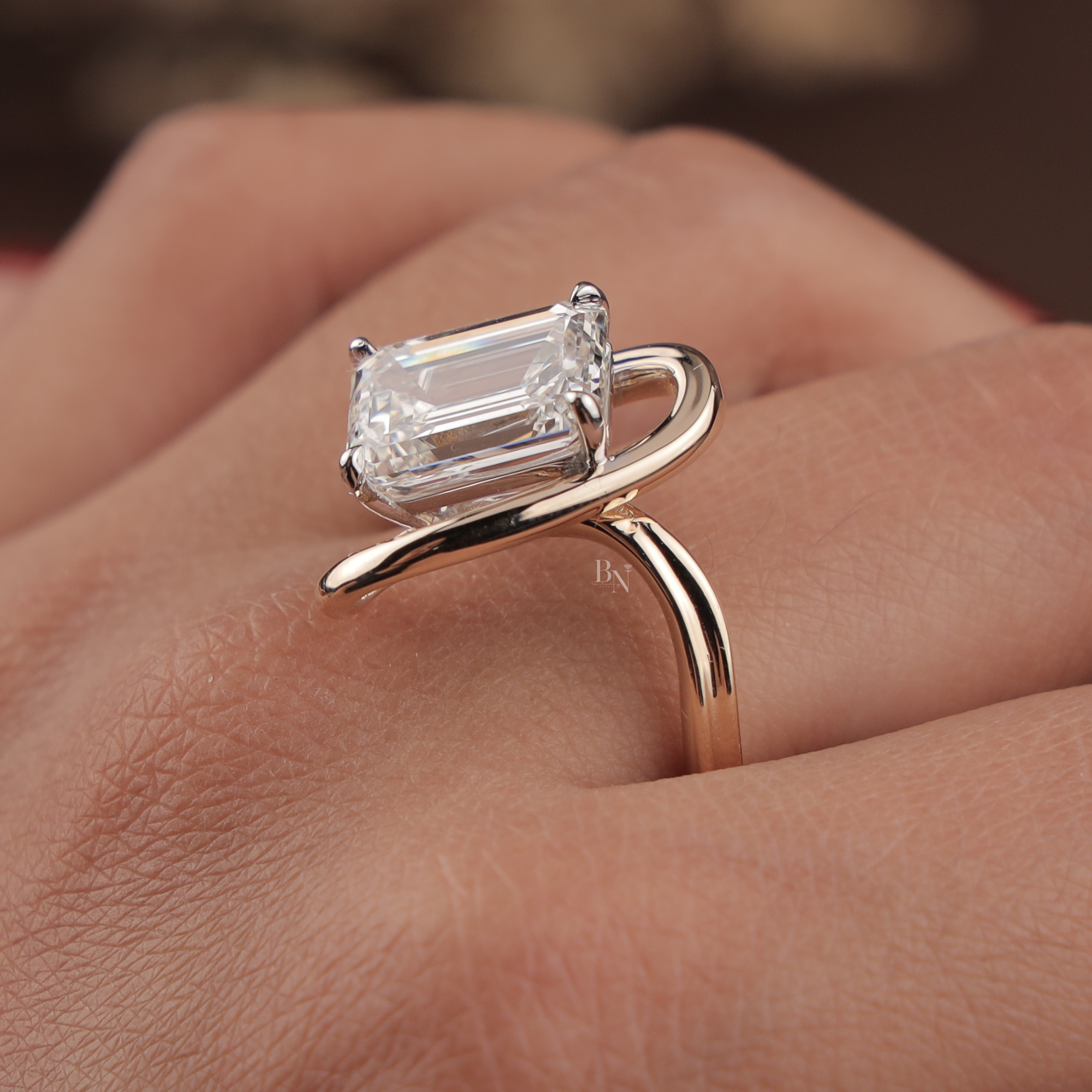 4ct Emerald Cut Lab Grown Diamond Engagement Ring | 14K Rose Gold East West Tension Setting | Swirl Bypass Solitaire | IGI Certified Jewelry (Copy)