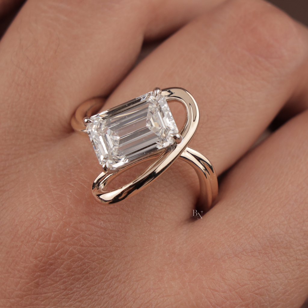 4ct Emerald Cut Lab Grown Diamond Engagement Ring | 14K Rose Gold East West Tension Setting | Swirl Bypass Solitaire | IGI Certified Jewelry (Copy)