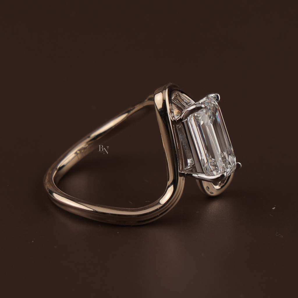 4ct Emerald Cut Lab Grown Diamond Engagement Ring | 14K Rose Gold East West Tension Setting | Swirl Bypass Solitaire | IGI Certified Jewelry (Copy)