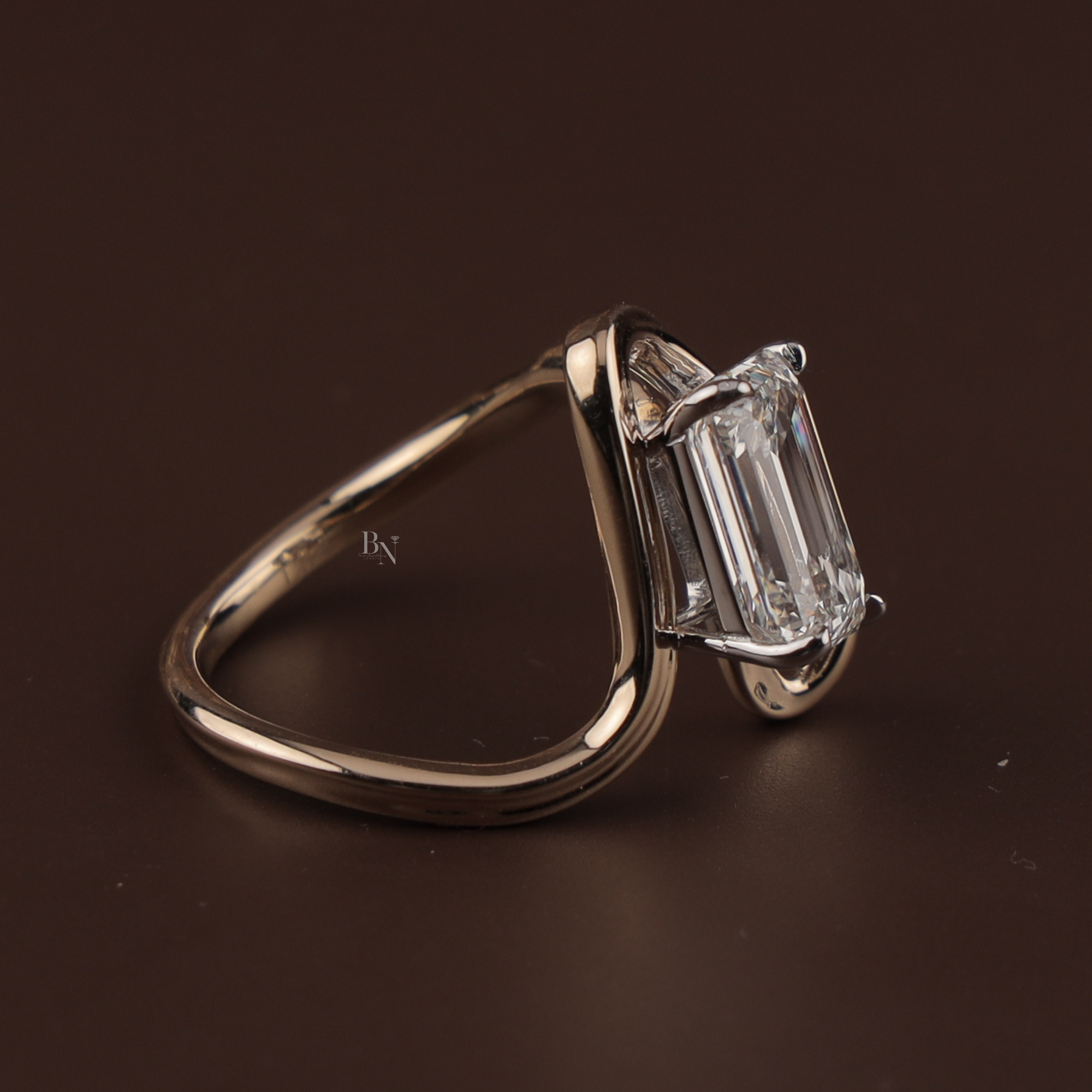 4ct Emerald Cut Lab Grown Diamond Engagement Ring | 14K Rose Gold East West Tension Setting | Swirl Bypass Solitaire | IGI Certified Jewelry (Copy)