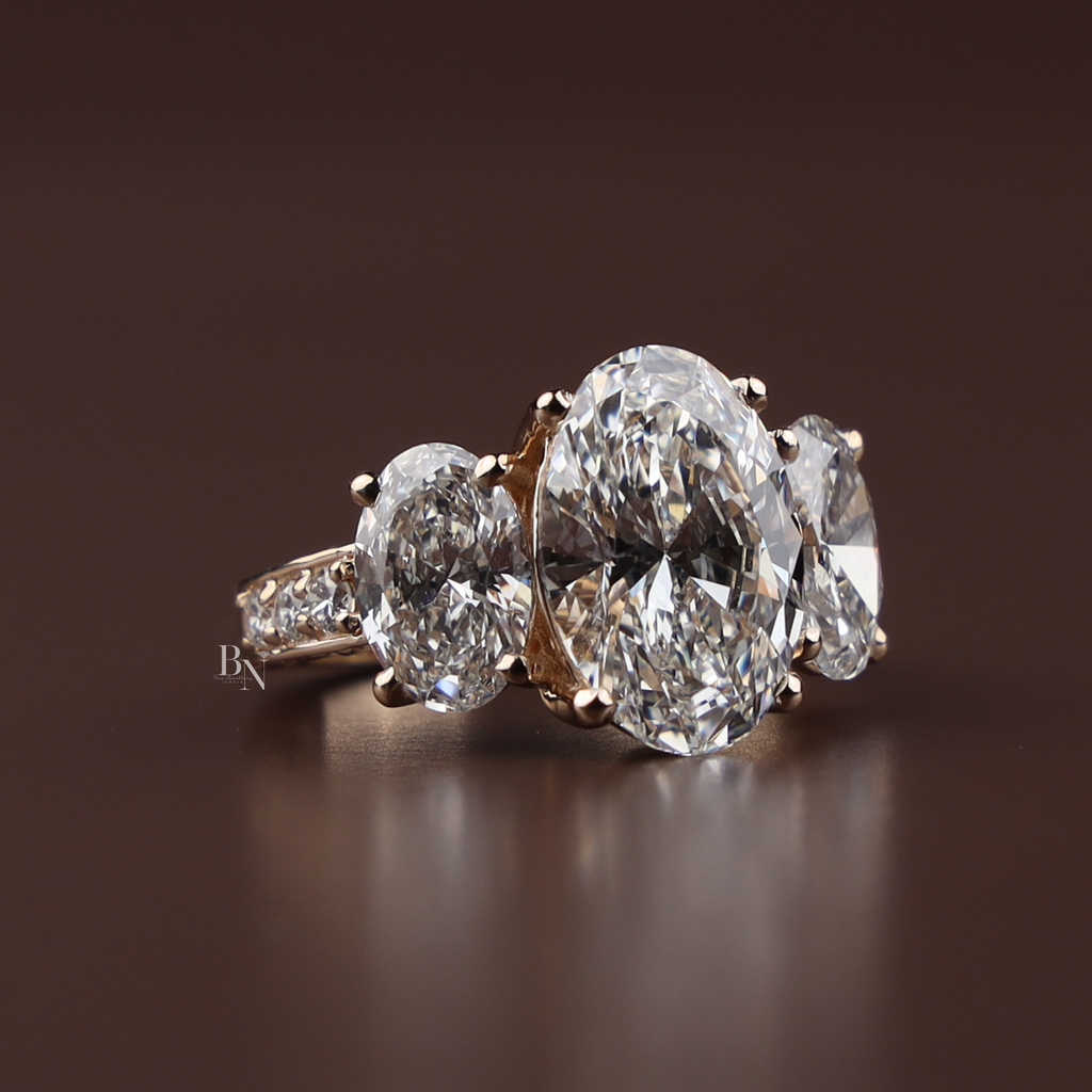 4ct Oval Lab Diamond Engagement Ring, 14K Rose Gold Three Stone Ring, Graduated Oval Bridal Ring, Pave Anniversary Ring, Unique Wedding Ring