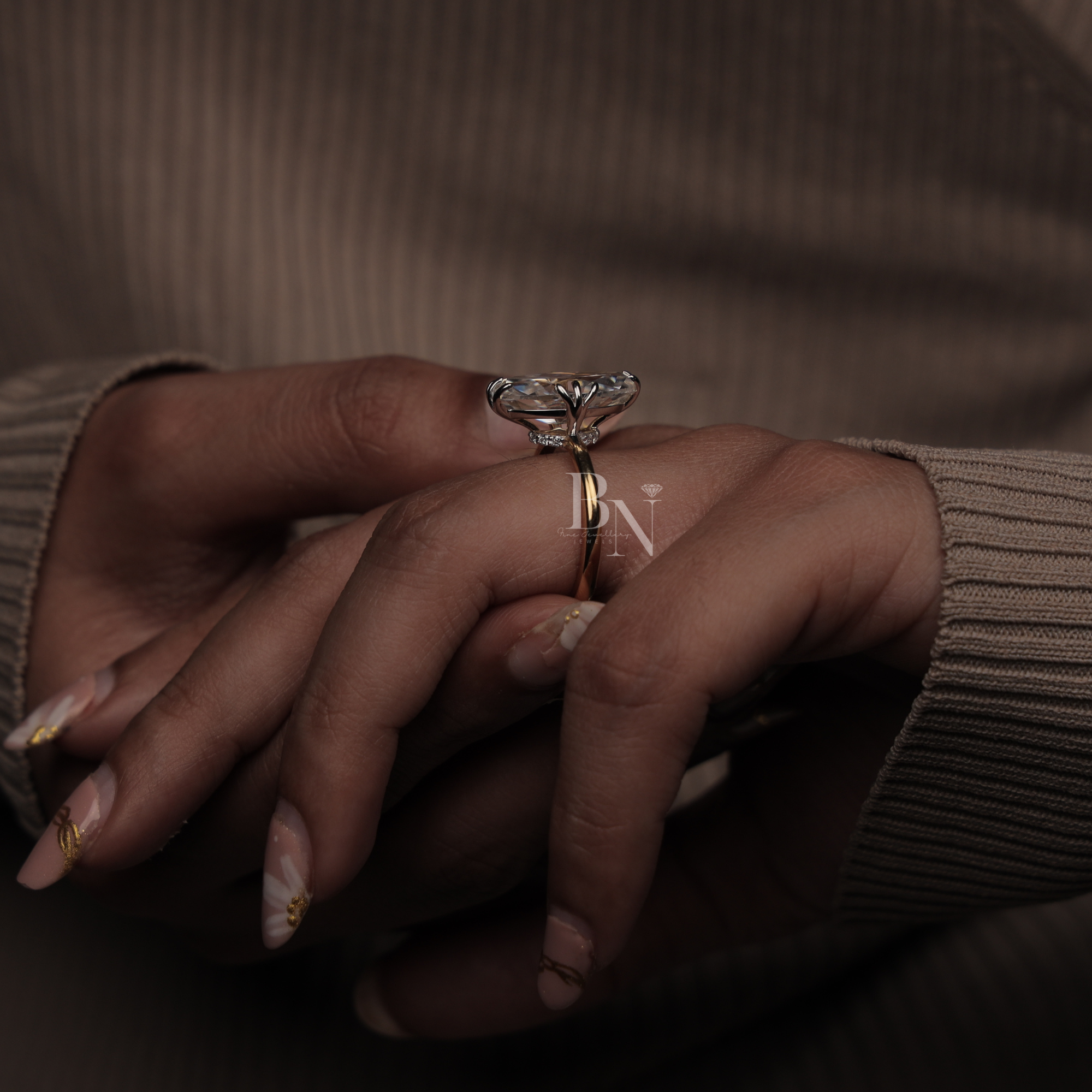 3ct Old Mine Moval Lab Diamond Engagement Ring | Elongated Antique Movall Cut | 14K Two Tone Gold Hidden Halo | Claw Prong Bridal Ring | IGI