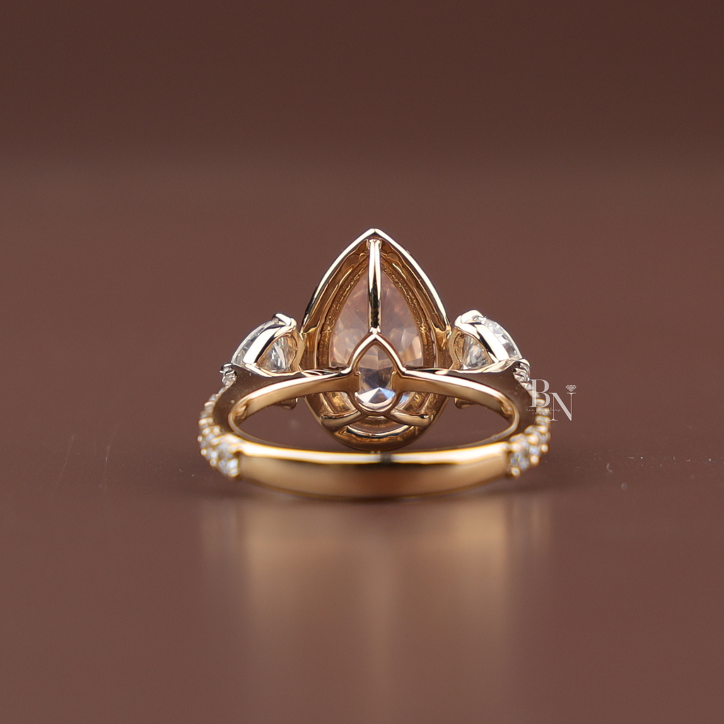 2ct Fancy Pink Pear Lab Grown Diamond Engagement Ring | 14K Rose Gold Three Stone Halo | Pave Side Cluster Pear Diamond