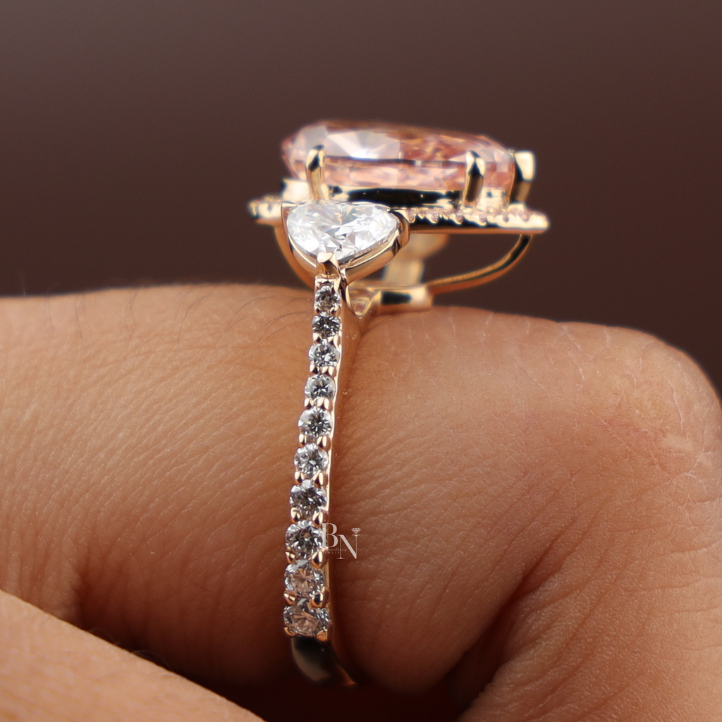 2ct Fancy Pink Pear Lab Grown Diamond Engagement Ring | 14K Rose Gold Three Stone Halo | Pave Side Cluster Pear Diamond