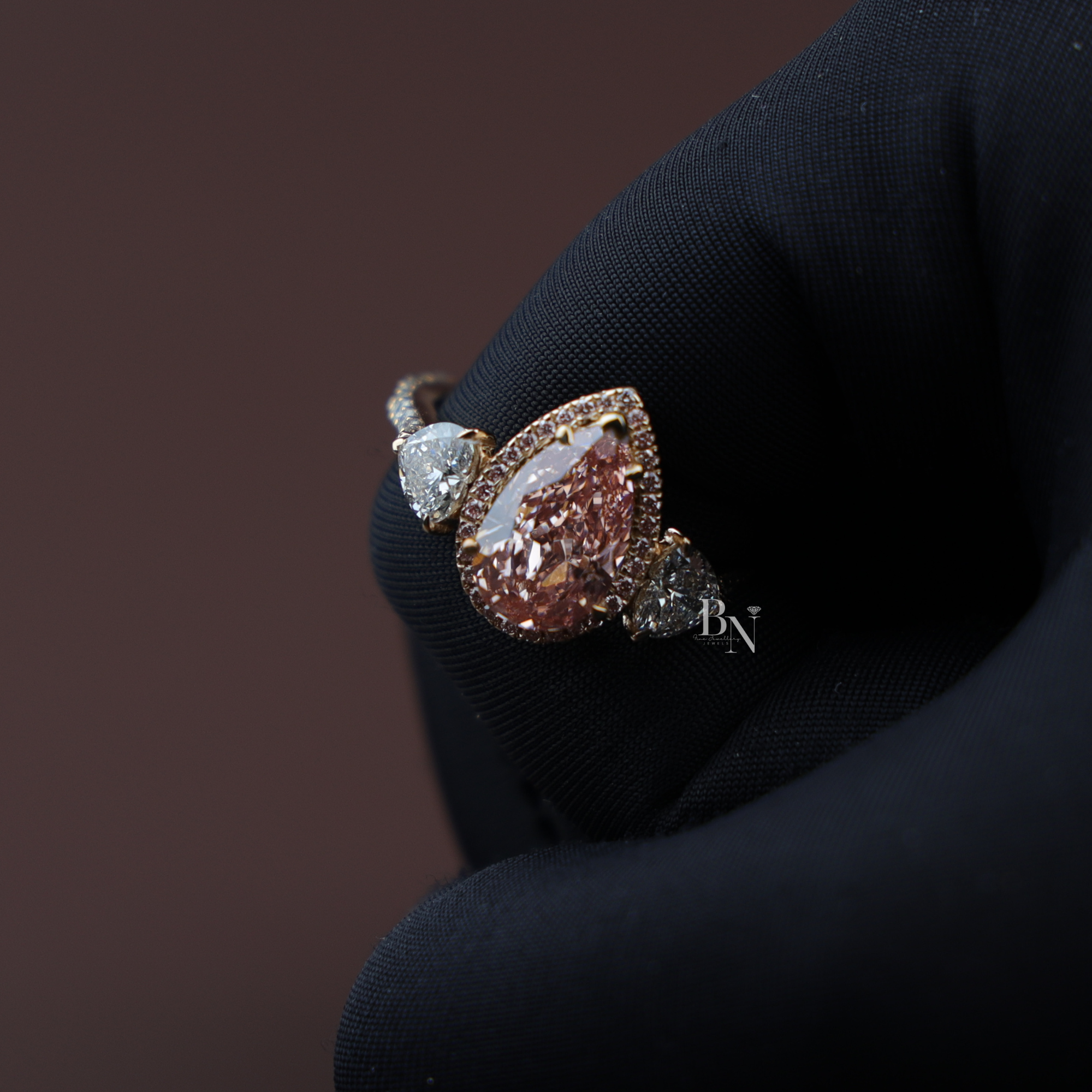 2ct Fancy Pink Pear Lab Grown Diamond Engagement Ring | 14K Rose Gold Three Stone Halo | Pave Side Cluster Pear Diamond
