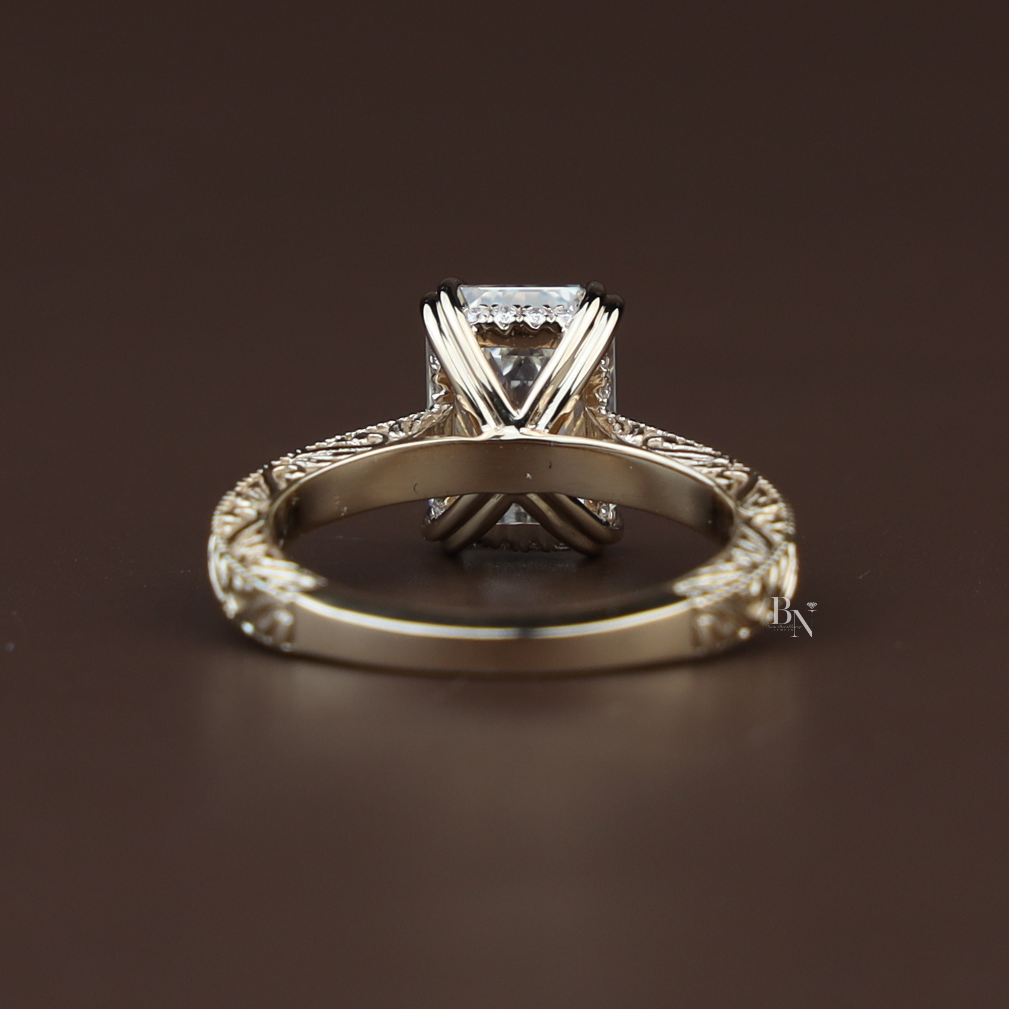 3ct Emerald Cut Lab Grown Diamond Engagement Ring | Vintage Engraved Gold Solitaire | Art Deco Antique Inspired |