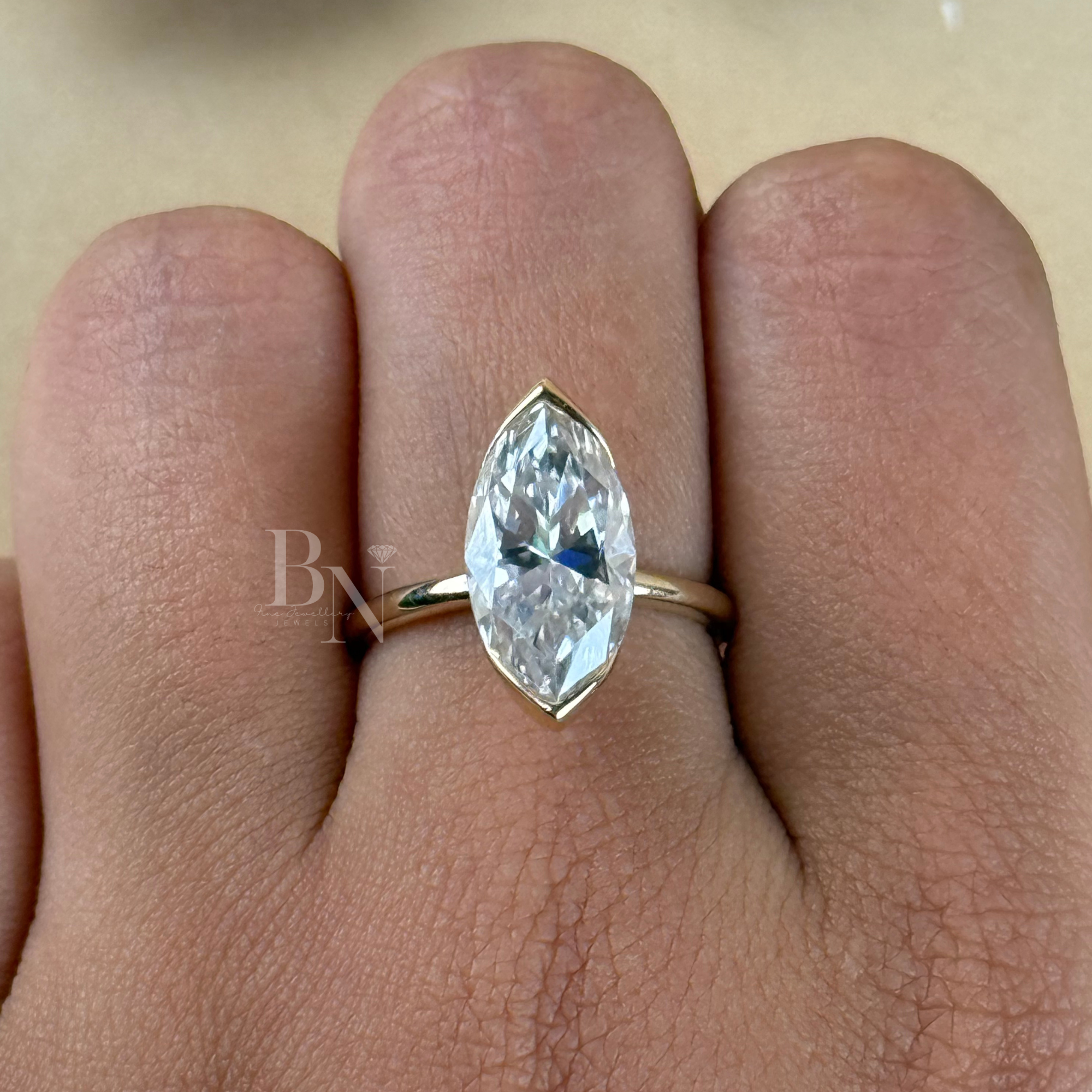 4ct Marquise Lab Grown Diamond Engagement Ring | 14K Yellow Gold Full Bezel Set Solitaire | Type IIa IGI Certified | Elongated Bridal Ring