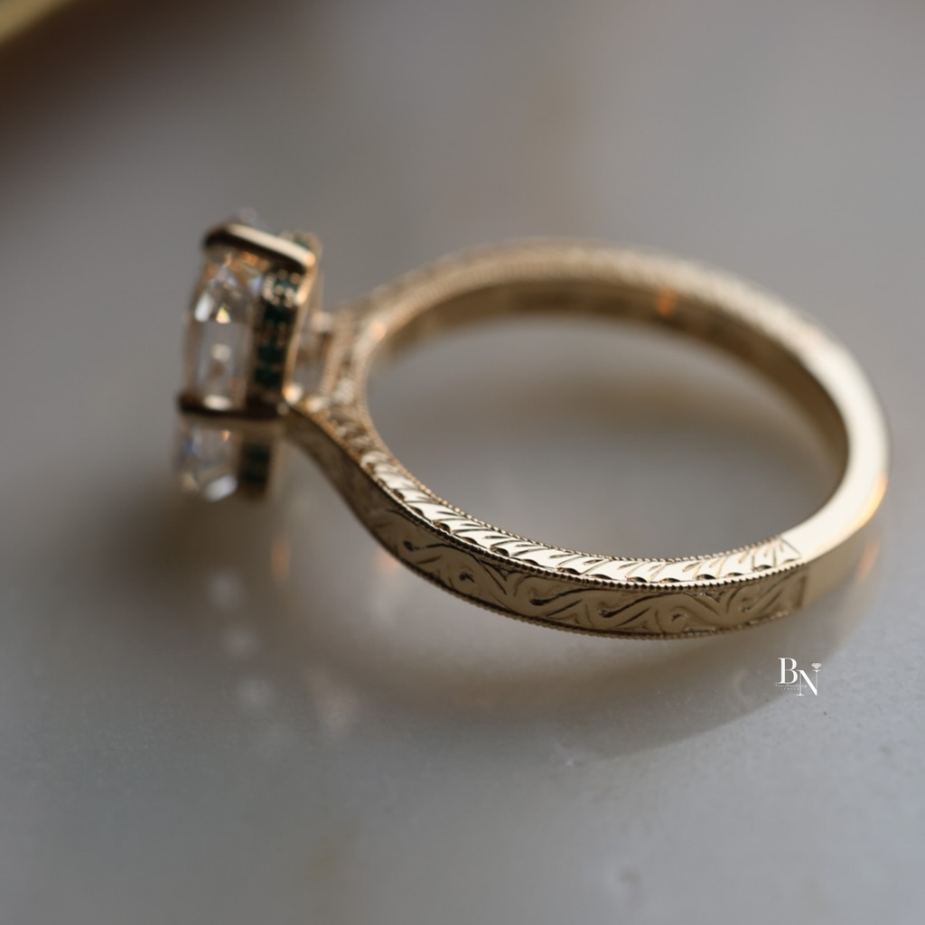 3ct Emerald Cut Lab Grown Diamond Engagement Ring | Vintage Filigree 14k Gold Band | Hidden Emerald Halo | Art Deco Bridal | IGI Certified