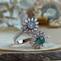 0.50ct Pear Green Emerald & Lab Diamond Toi et Moi Ring | Floral Cluster Two Stone Engagement Ring | 14K Rose Gold Pave Bypass Bridal Band