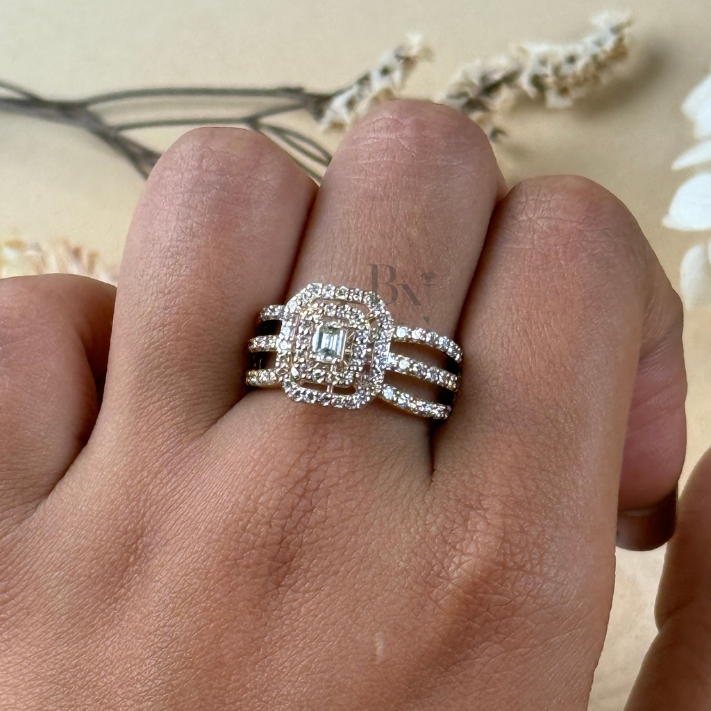 0.5ct Emerald Cut Lab Diamond Engagement Ring | Double Halo 14K Yellow Gold Pavé Band