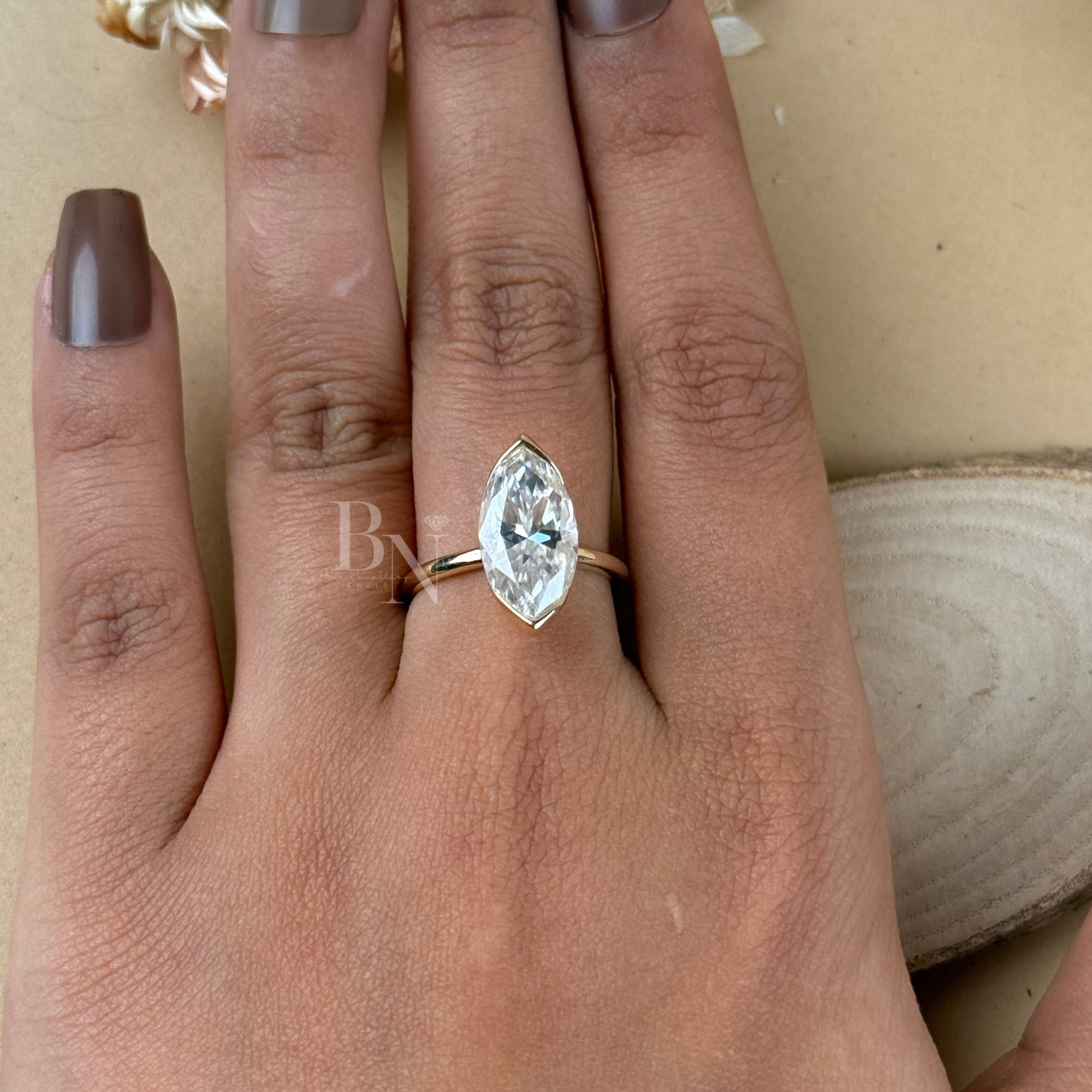4ct Marquise Lab Grown Diamond Engagement Ring | 14K Yellow Gold Full Bezel Set Solitaire | Type IIa IGI Certified | Elongated Bridal Ring