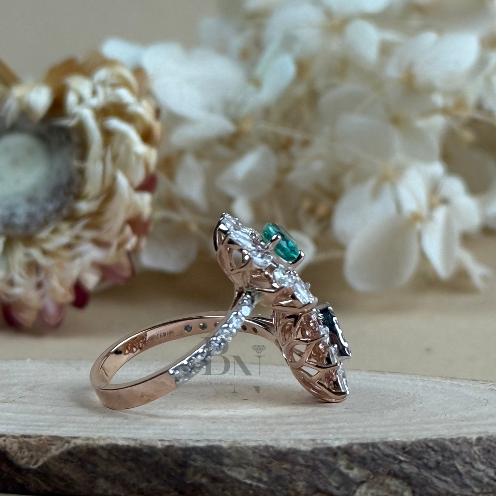 0.50ct Pear Green Emerald & Lab Diamond Toi et Moi Ring | Floral Cluster Two Stone Engagement Ring | 14K Rose Gold Pave Bypass Bridal Band