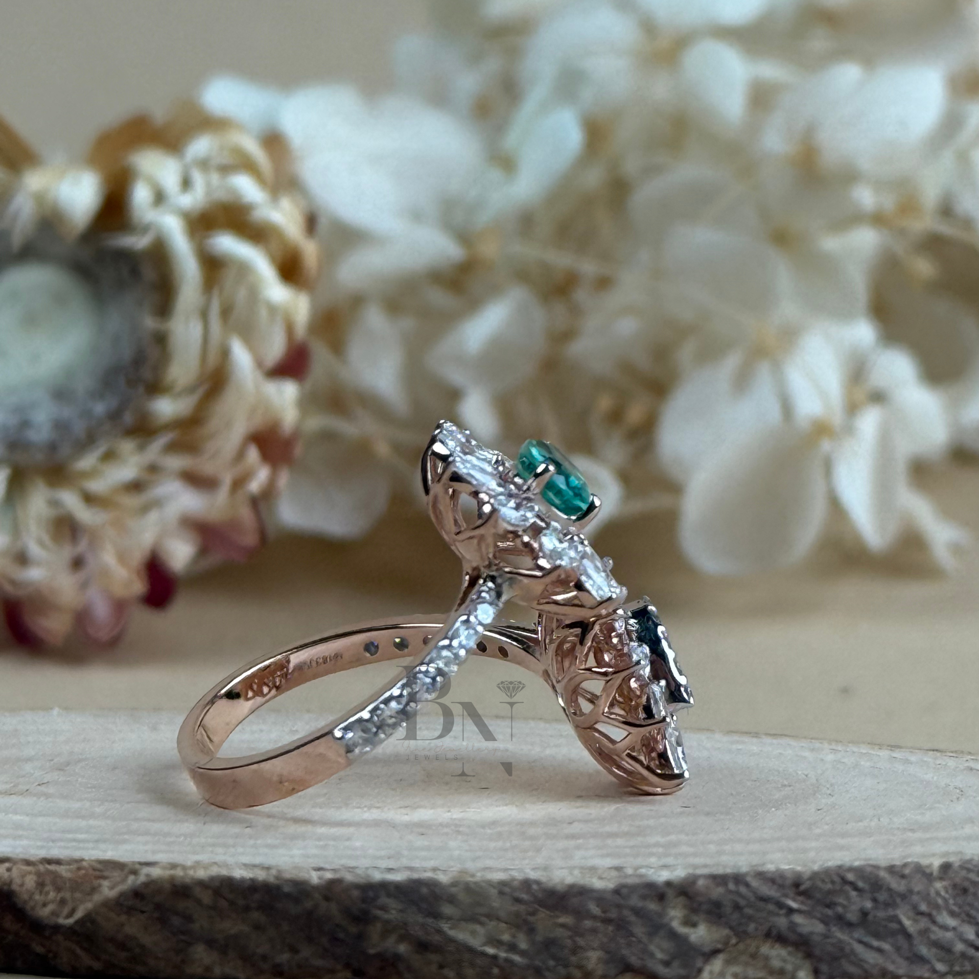 0.50ct Pear Green Emerald & Lab Diamond Toi et Moi Ring | Floral Cluster Two Stone Engagement Ring | 14K Rose Gold Pave Bypass Bridal Band