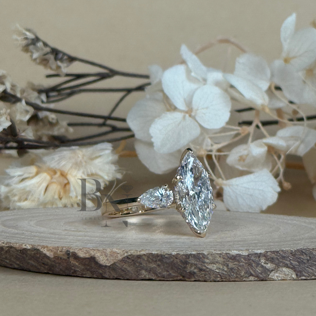 3ct Marquise Lab Grown Diamond Engagement Ring | Hidden Halo | 14K Gold Three Stone Pear Side | Type IIa IGI Certified