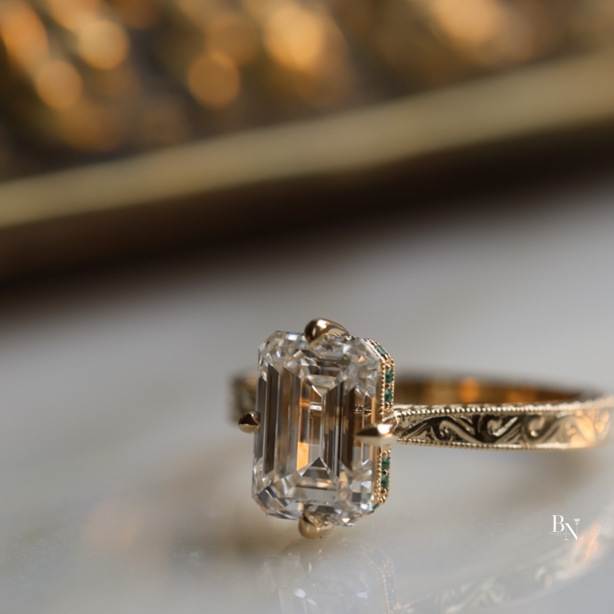 3ct Emerald Cut Lab Grown Diamond Engagement Ring | Vintage Filigree 14k Gold Band | Hidden Emerald Halo | Art Deco Bridal | IGI Certified