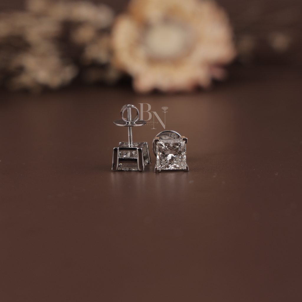 4ct Princess Cut Lab Grown Diamond Stud Earrings | IGI Certified 2ct Each | 14K White Gold 4 Prong Basket | Type IIa Solitaire Studs | Gift