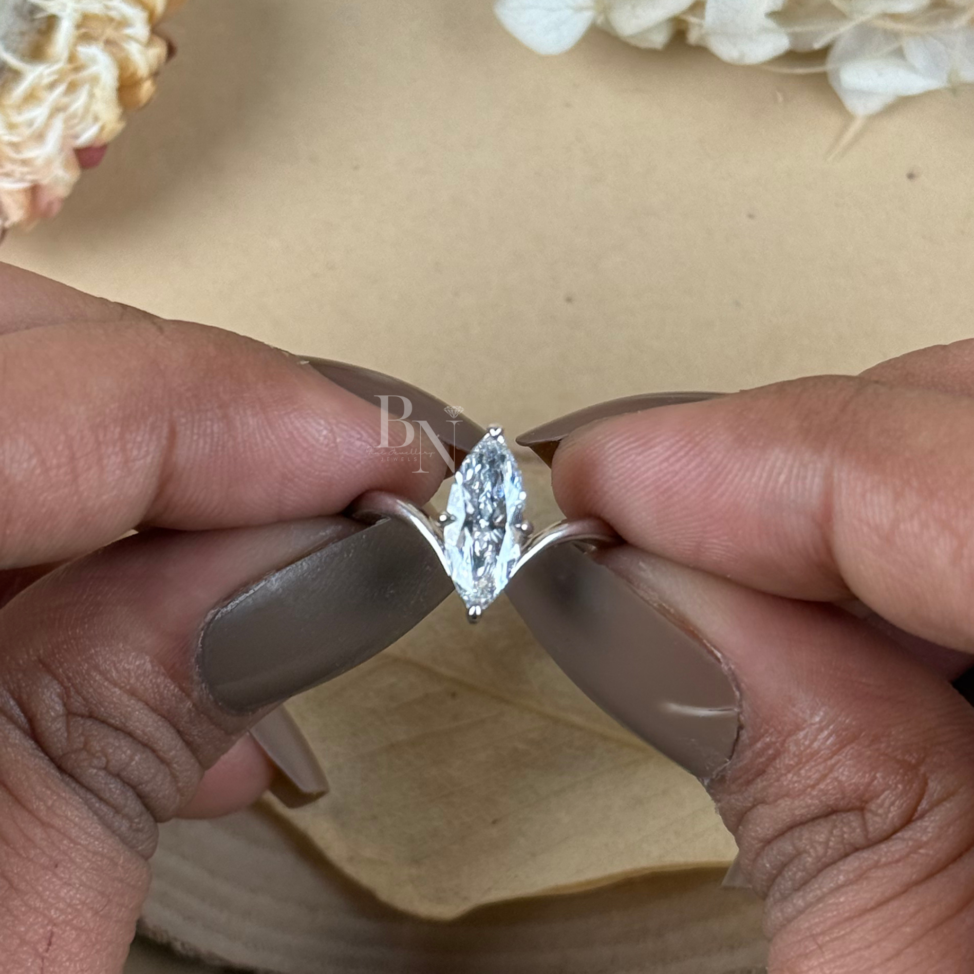 1ct Marquise Lab Grown Diamond Engagement Ring | V Shaped Bypass Solitaire | 14K White Gold Bridal Ring | Marquise Cut Anniversary Gift