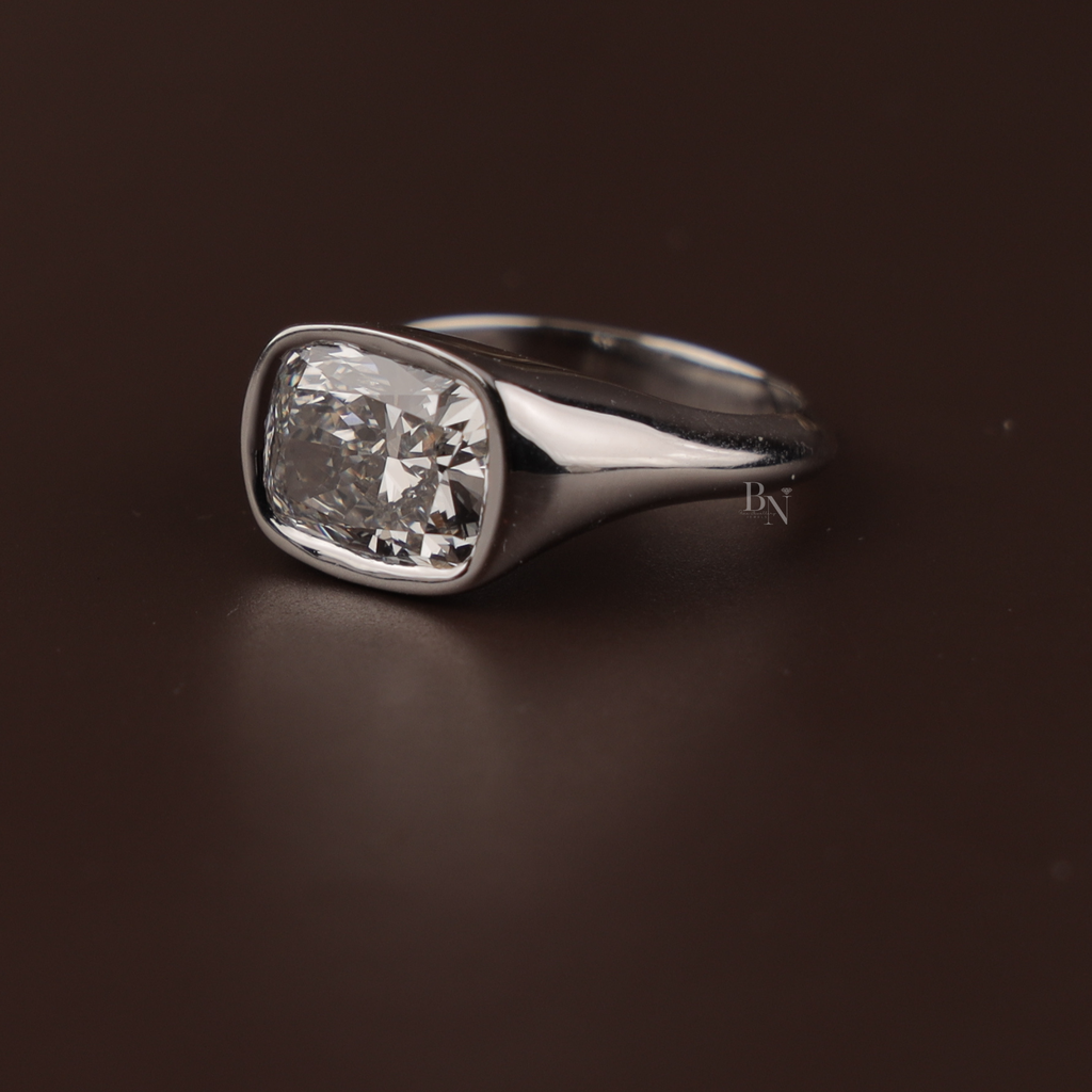 3.00 CT Cushion Lab Grown Diamond Engagement Ring | Modern Bezel Set Ring | 14K White Gold Pave Band | IGI Certified | Bold Statement Ring