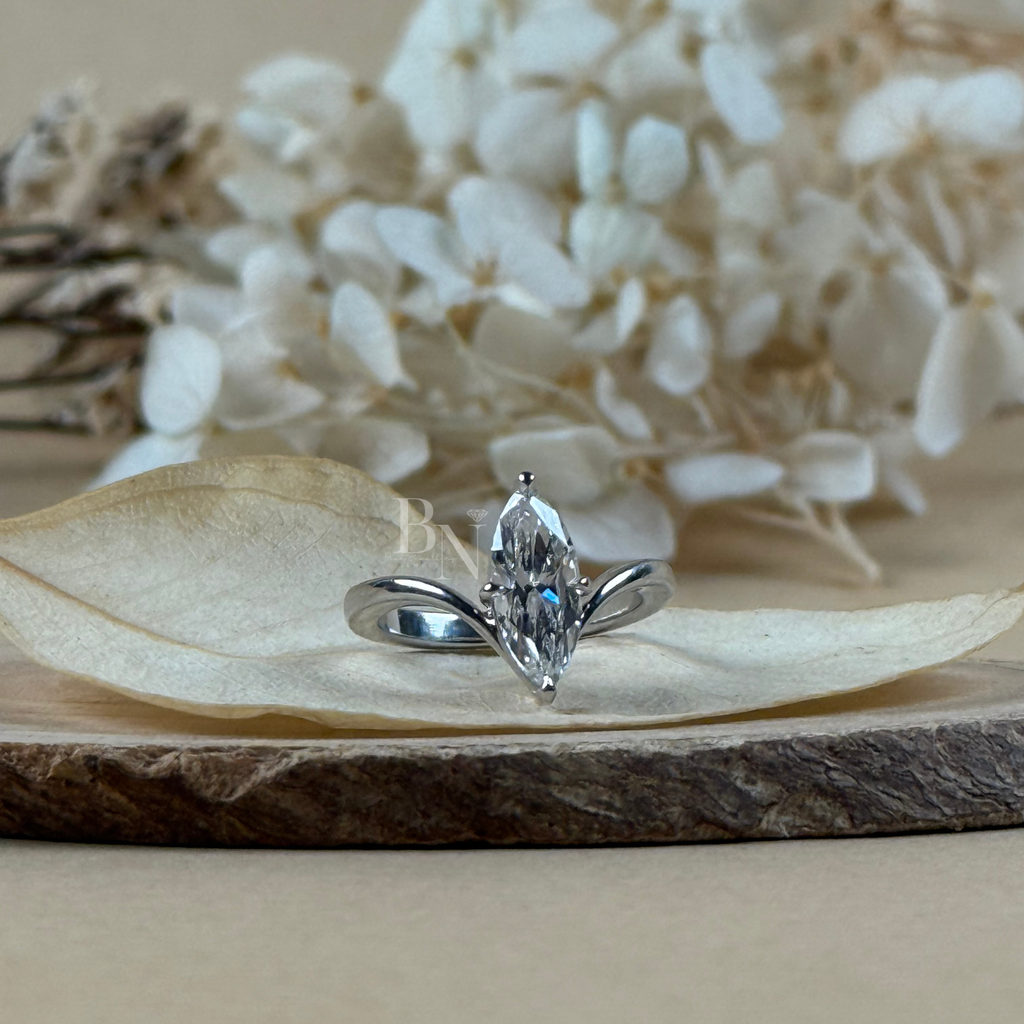 1ct Marquise Lab Grown Diamond Engagement Ring | V Shaped Bypass Solitaire | 14K White Gold Bridal Ring | Marquise Cut Anniversary Gift
