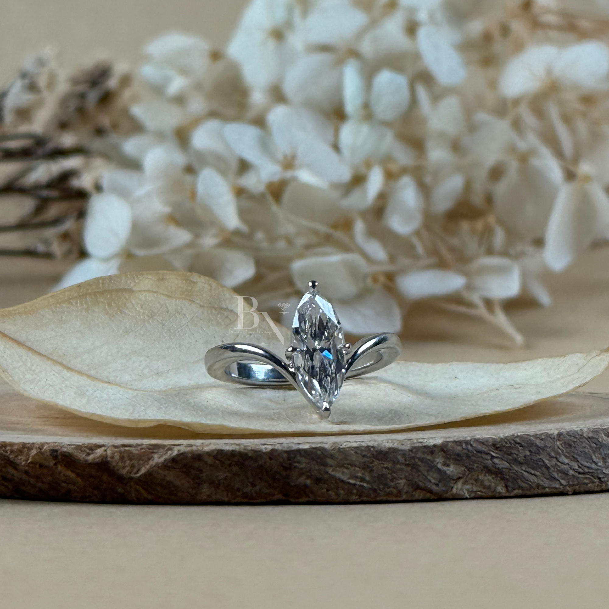 1ct Marquise Lab Grown Diamond Engagement Ring | V Shaped Bypass Solitaire | 14K White Gold Bridal Ring | Marquise Cut Anniversary Gift