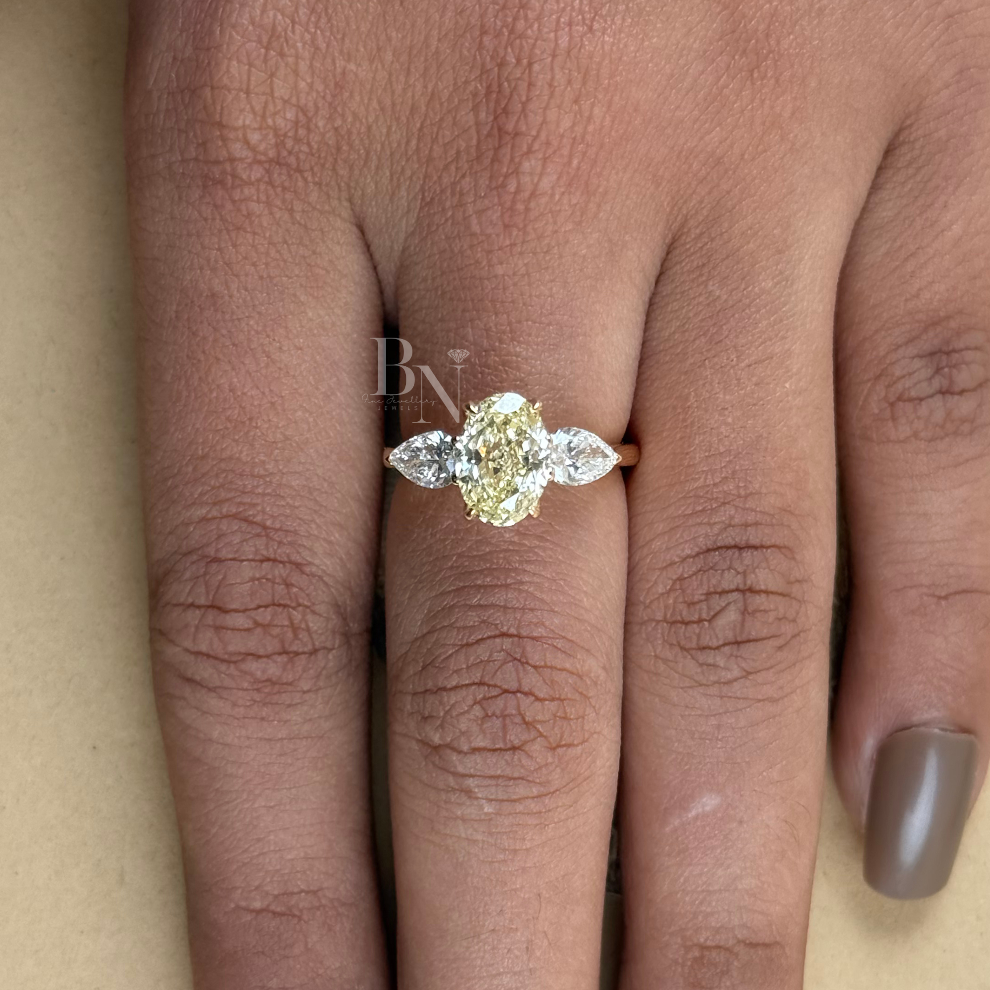 1.8ct Fancy Yellow Oval Lab Diamond Engagement Ring | Pear Side Stones | 14K Gold Three Stone Ring | IGI Certified Oval Cut Bridal Jewelry