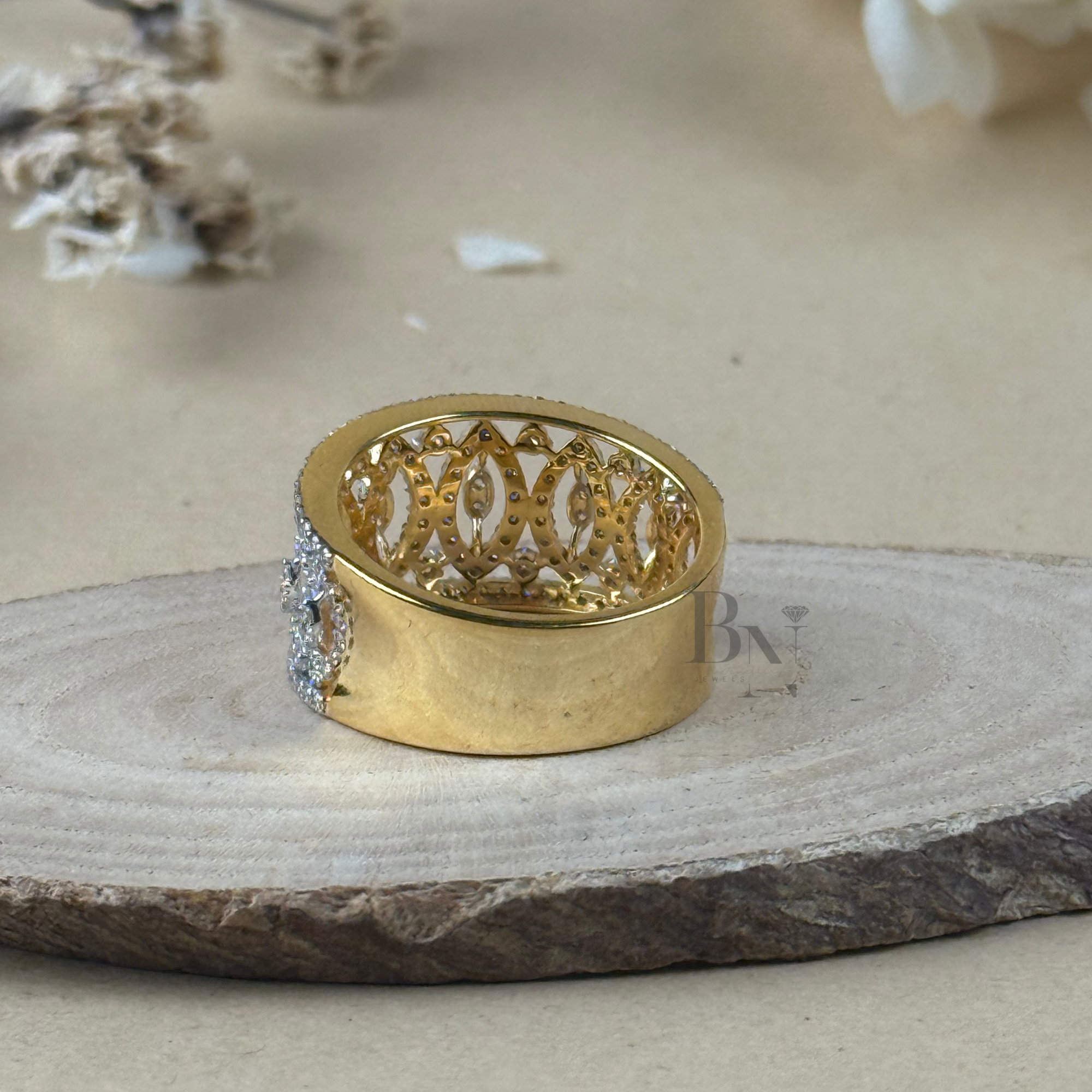 Marquise & Round Lab Grown Diamond Wedding Band | Wide Art Deco Filigree Ring | 14K Yellow Gold Pavé Statement Band | IGI Certified Jewelry
