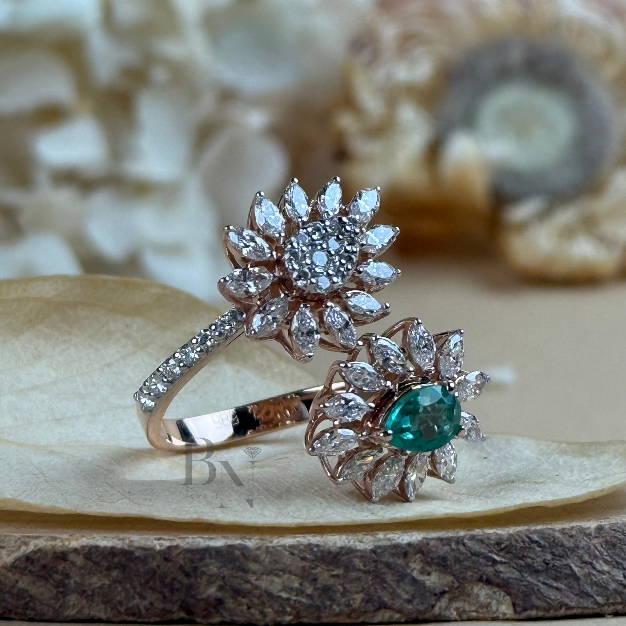 0.50ct Pear Green Emerald & Lab Diamond Toi et Moi Ring | Floral Cluster Two Stone Engagement Ring | 14K Rose Gold Pave Bypass Bridal Band