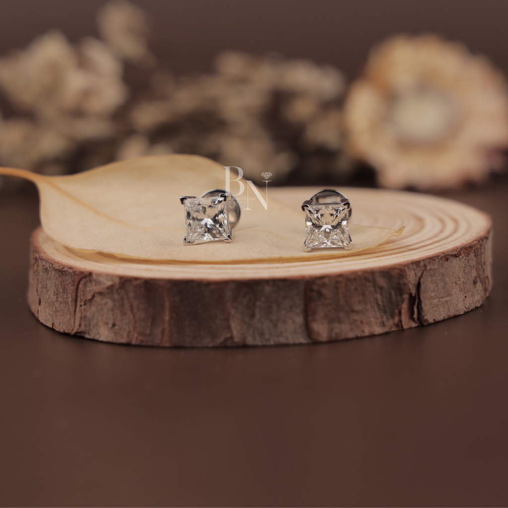 4ct Princess Cut Lab Grown Diamond Stud Earrings | IGI Certified 2ct Each | 14K White Gold 4 Prong Basket | Type IIa Solitaire Studs | Gift