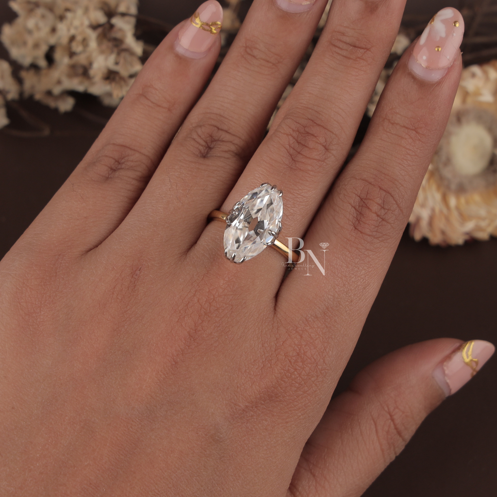3ct Old Mine Moval Lab Diamond Engagement Ring | Elongated Antique Movall Cut | 14K Two Tone Gold Hidden Halo | Claw Prong Bridal Ring | IGI