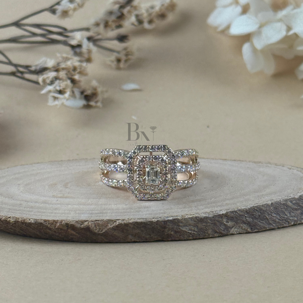 0.5ct Emerald Cut Lab Diamond Engagement Ring | Double Halo 14K Yellow Gold Pavé Band