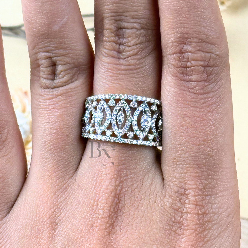 Marquise & Round Lab Grown Diamond Wedding Band | Wide Art Deco Filigree Ring | 14K Yellow Gold Pavé Statement Band | IGI Certified Jewelry