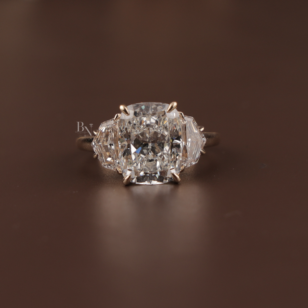 4ct Cushion Cut Lab Grown Diamond Engagement Ring | Three Stone Bridal Ring | 14K Yellow Gold | IGI Certified | Cadillac Side Stones Band