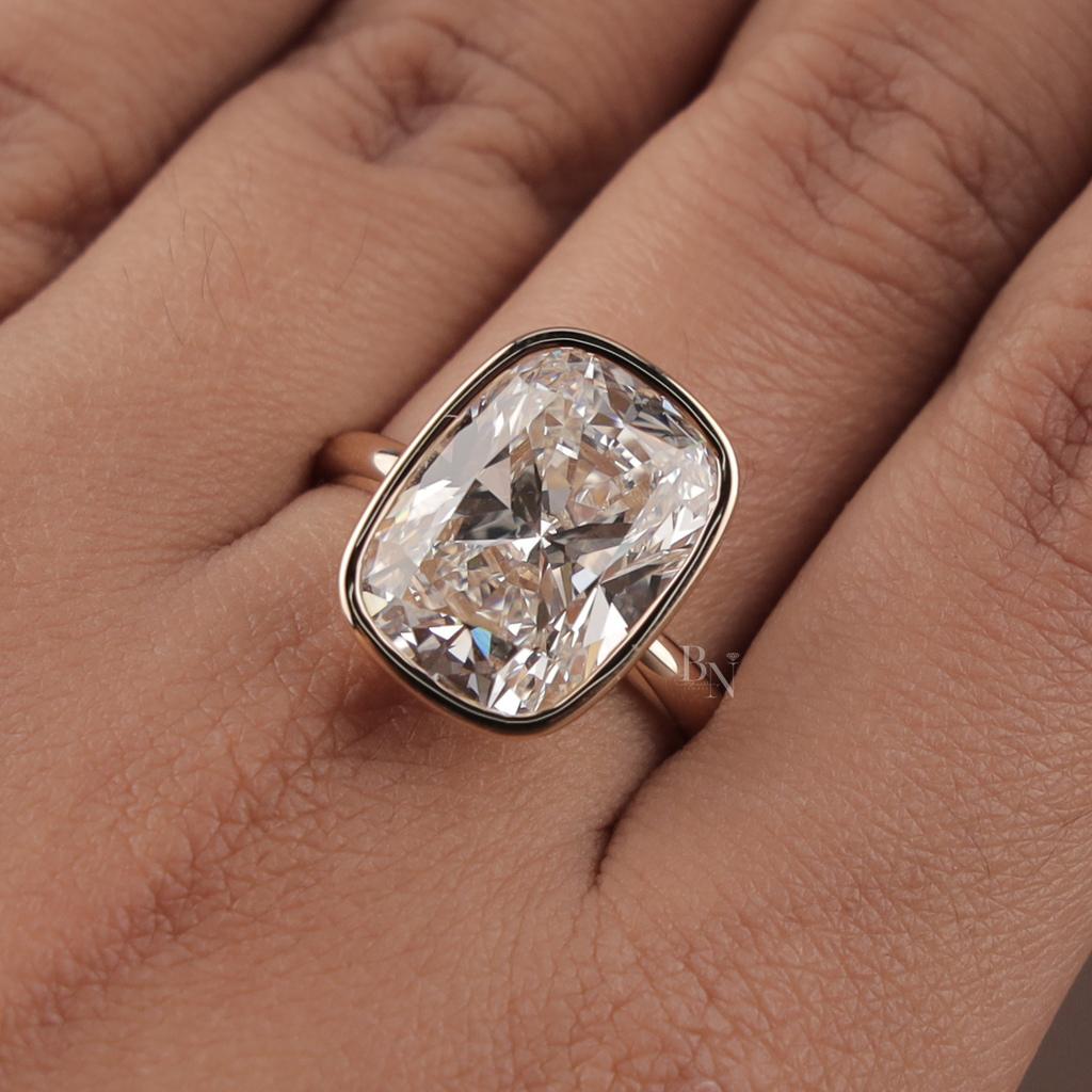 7ct Cushion Lab Grown Diamond Engagement Ring | Modern Bezel Set Ring | 14K Yellow Gold Solitaire | IGI Certified | Statement Bridal Ring