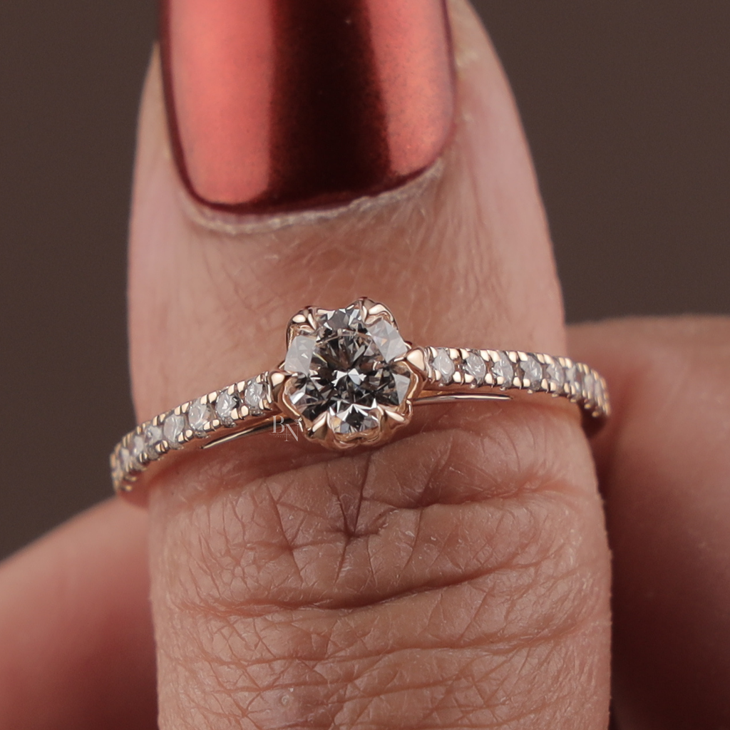 Round Lab Grown Diamond Engagement Ring | 14k Rose Gold Floral Petal Setting | Dainty Pave Bridal Ring | IGI Certified 1ct Promise Ring