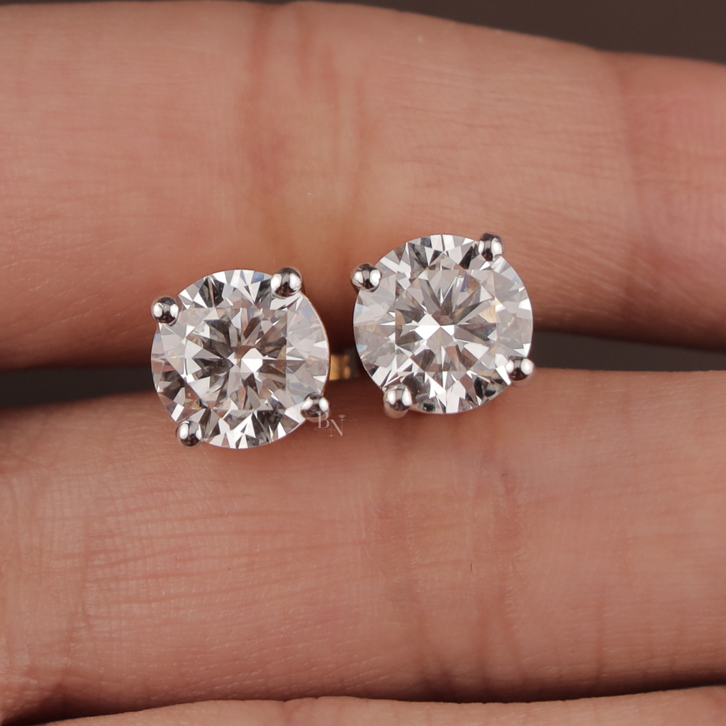 4ctw Round Lab Grown Diamond Stud Earrings | 14K Gold 4 Prong Basket Setting | IGI Certified Lab Diamond Solitaire | Anniversary Gift Her