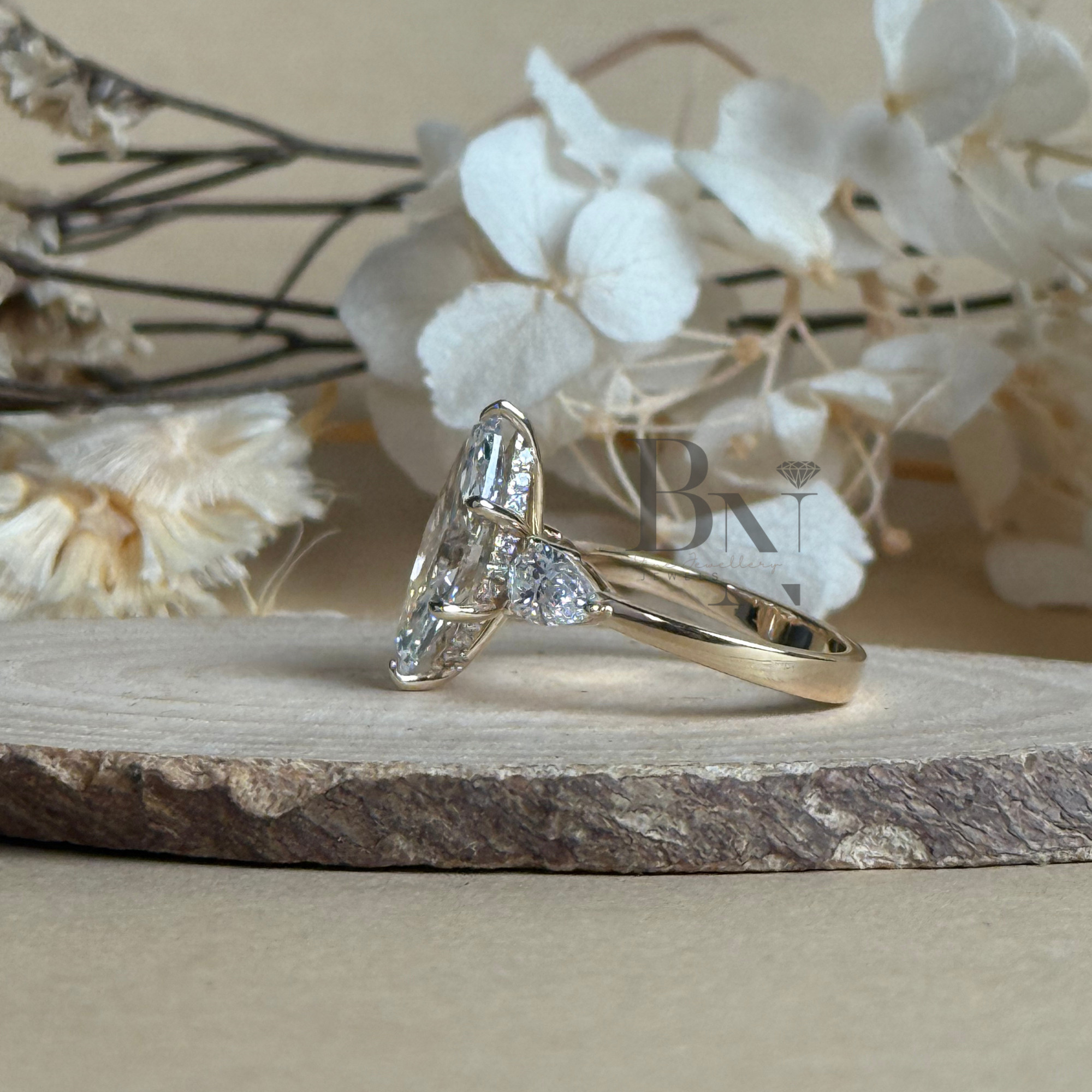 3ct Marquise Lab Grown Diamond Engagement Ring | Hidden Halo | 14K Gold Three Stone Pear Side | Type IIa IGI Certified
