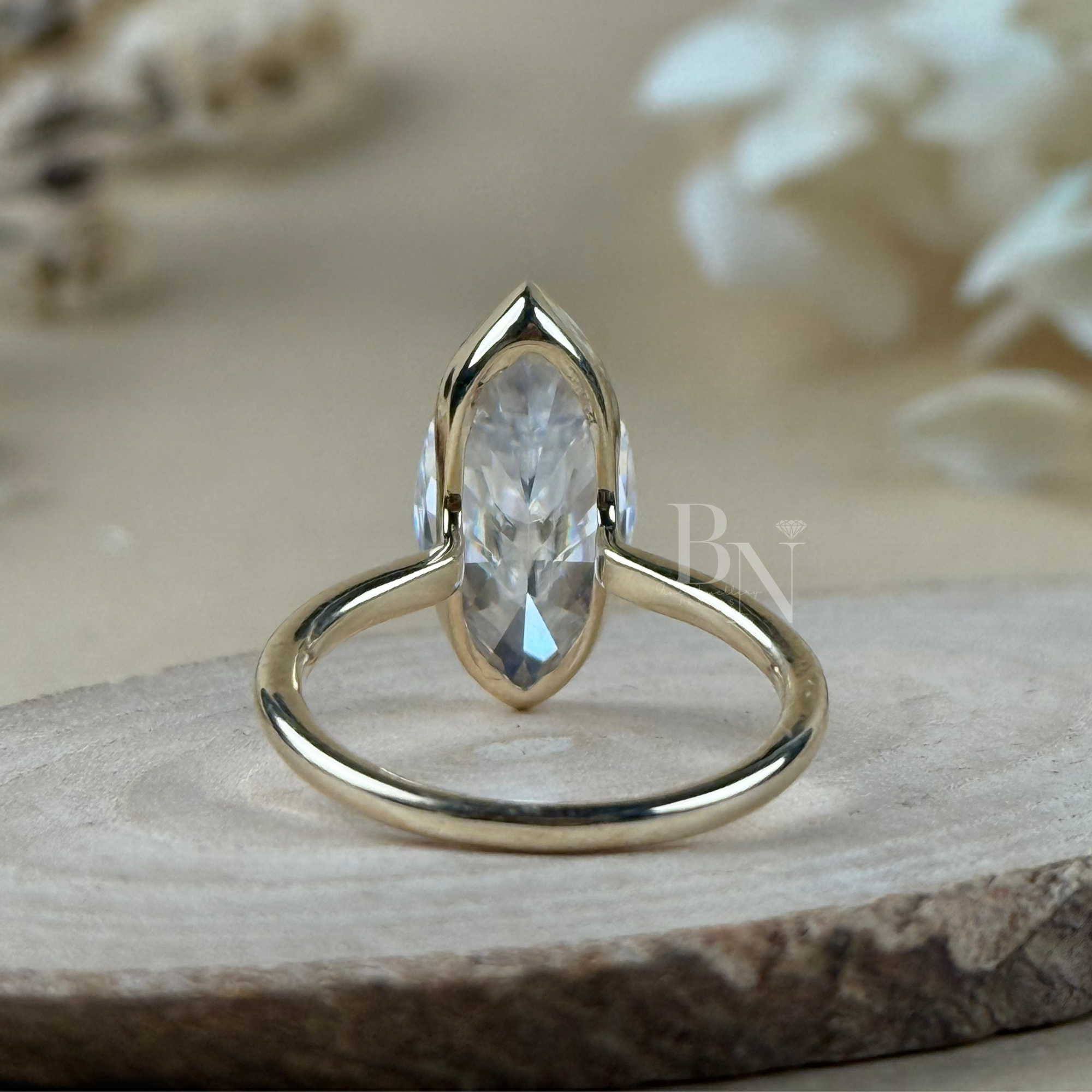 4ct Marquise Lab Grown Diamond Engagement Ring | 14K Yellow Gold Full Bezel Set Solitaire | Type IIa IGI Certified | Elongated Bridal Ring