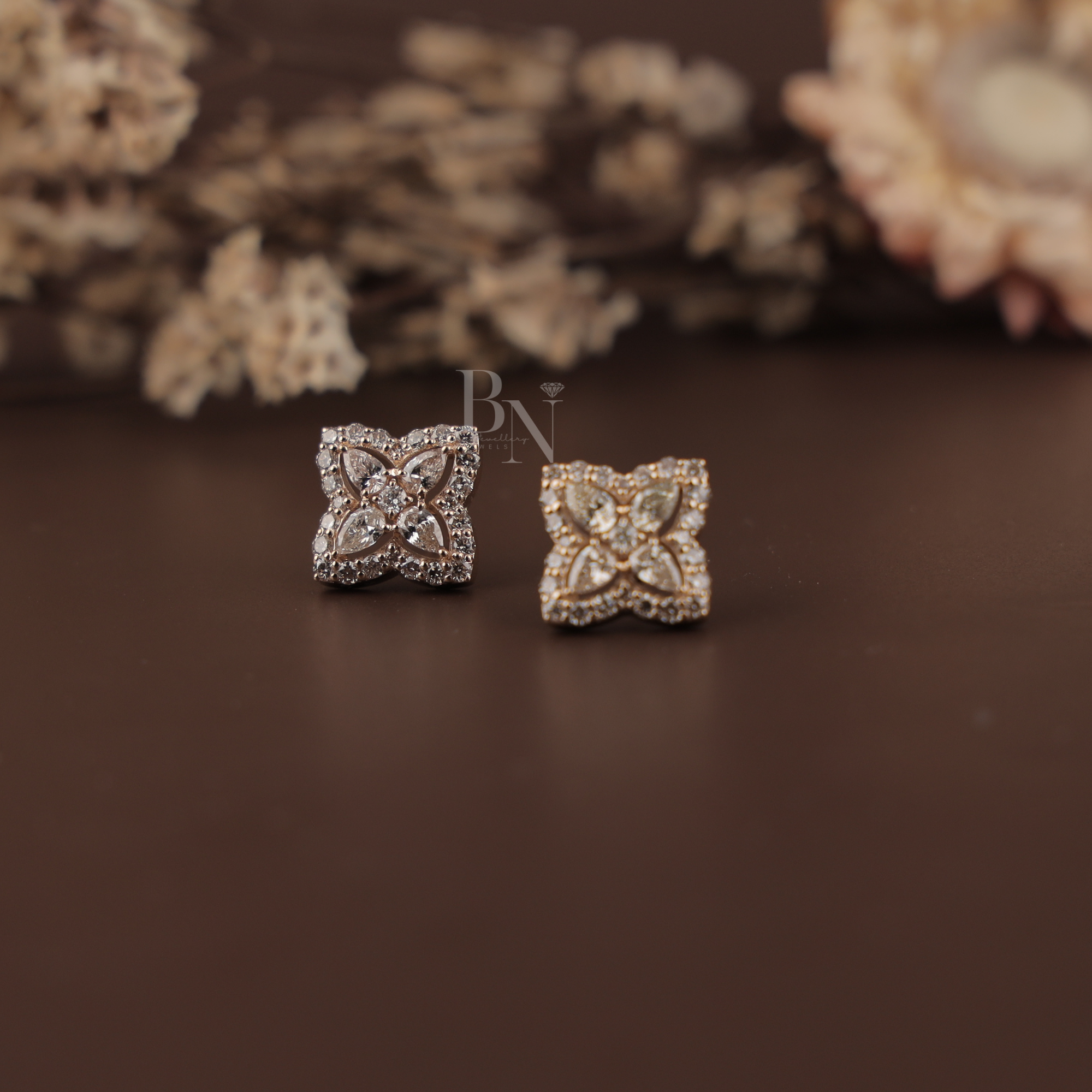 1.75 CTW Flower Lab Grown Diamond Stud Earrings | Pear & Round Cluster Halo Studs | 14K Rose Gold Sparkle Earrings | Unique Wedding Gift | Handmade