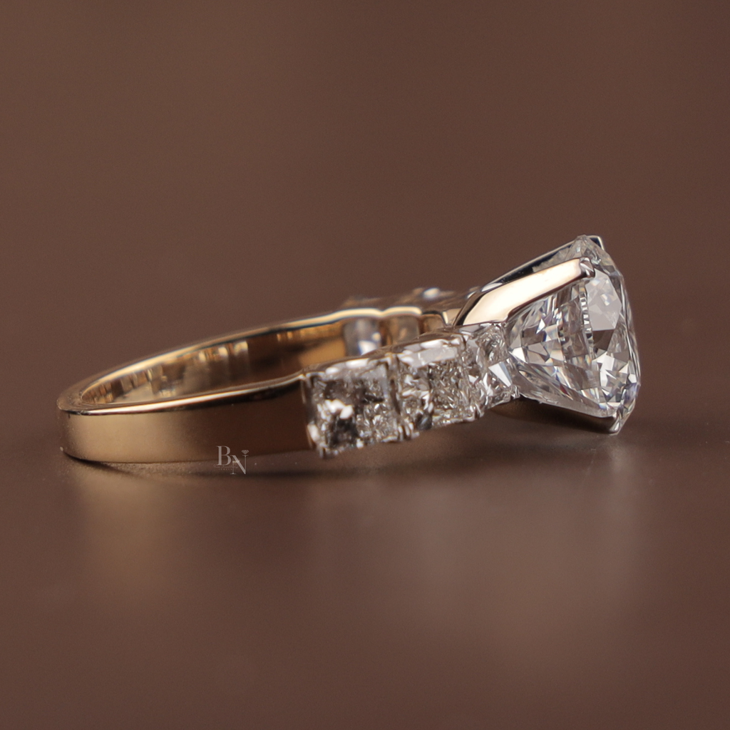 3ct Round Lab Grown Diamond Engagement Ring | NSEW Compass Prong | 14K Gold Princess Cut Accents | IGI Certified Type IIa Bridal Jewelry