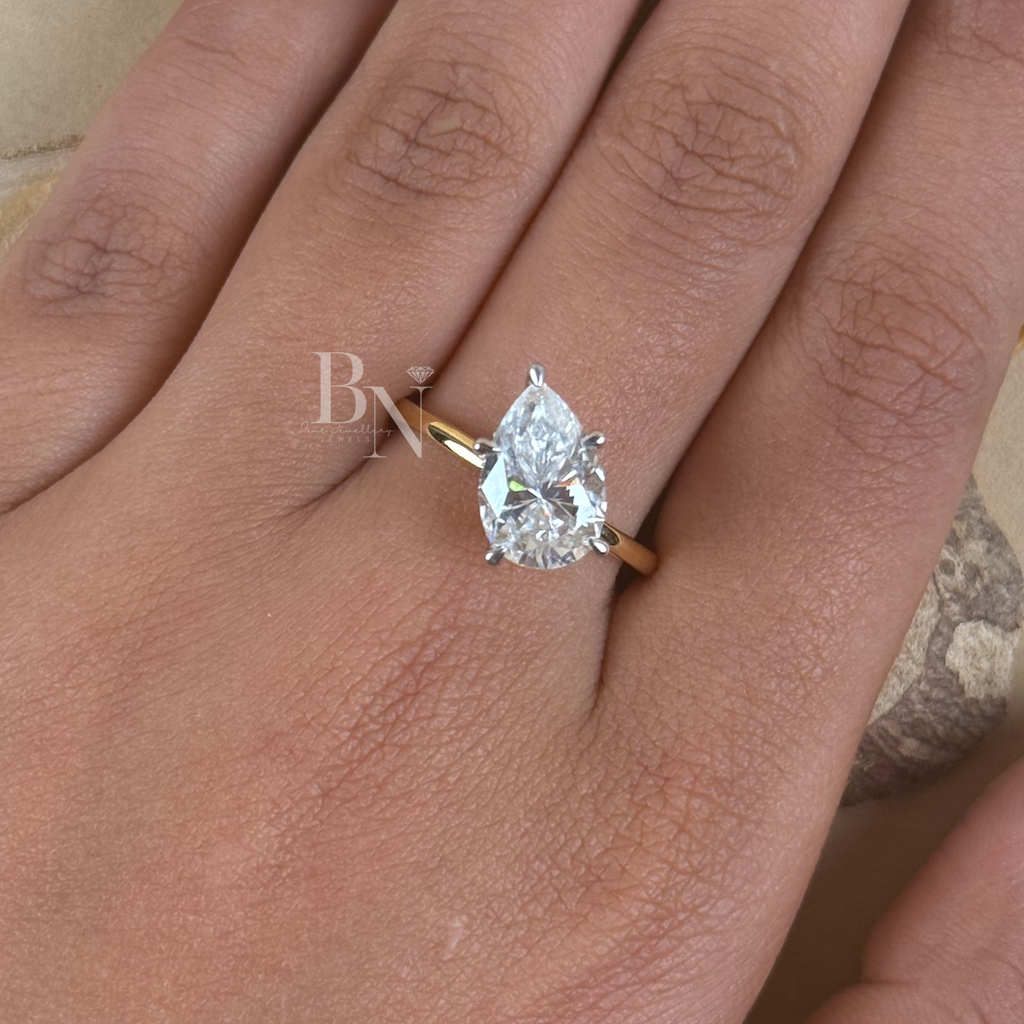 3ct Pear Cut Lab Grown Diamond Engagement Ring | Hidden Halo | Two Tone Pave Bridge Solitaire | IGI Certified | Bridal Settaire | IGI Certified | Bridal Set