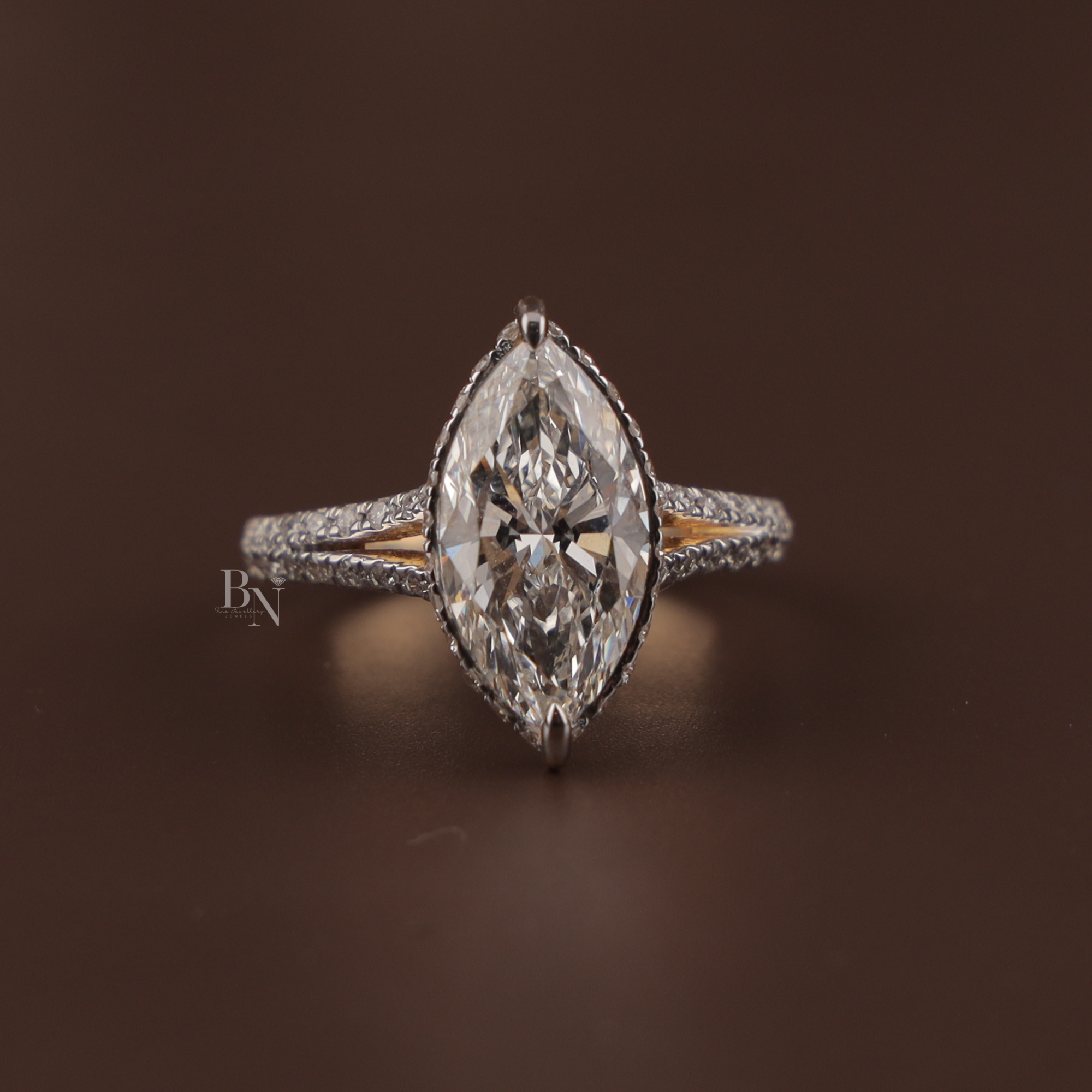 3ct Marquise Lab Grown Diamond Engagement Ring | Hidden Halo Pave Bridal Ring | 14K Yellow Gold Split Shank | IGI Certified | Promise Ring