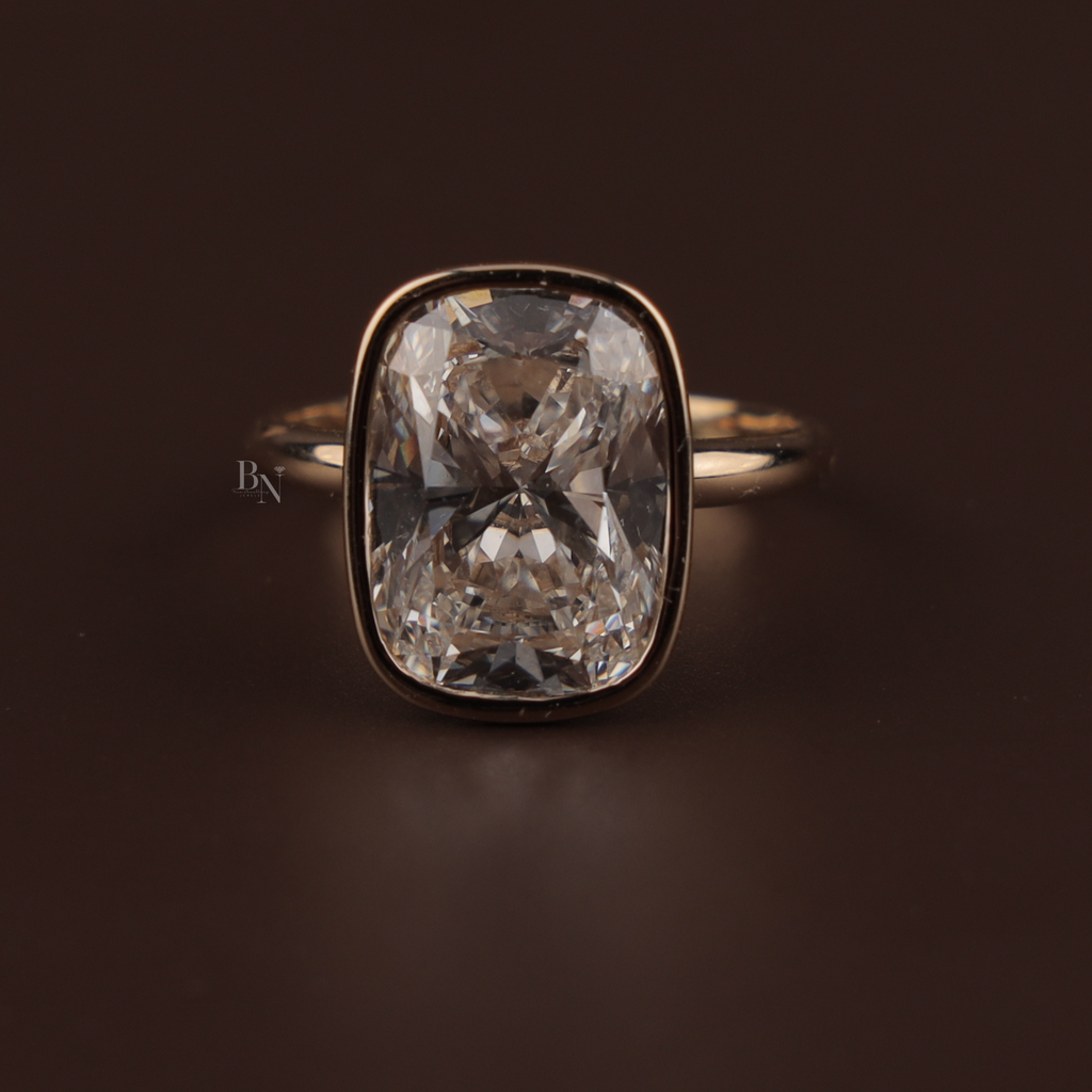 7ct Cushion Lab Grown Diamond Engagement Ring | Modern Bezel Set Ring | 14K Yellow Gold Solitaire | IGI Certified | Statement Bridal Ring